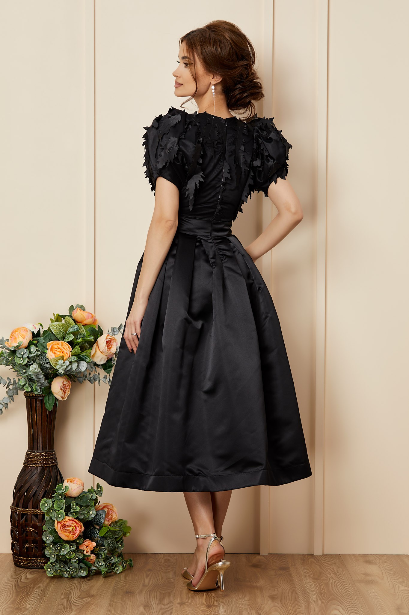 Μαύρο Μίντι Αμπιγιέ Σατέν Φόρεμα Luxury T2798 2