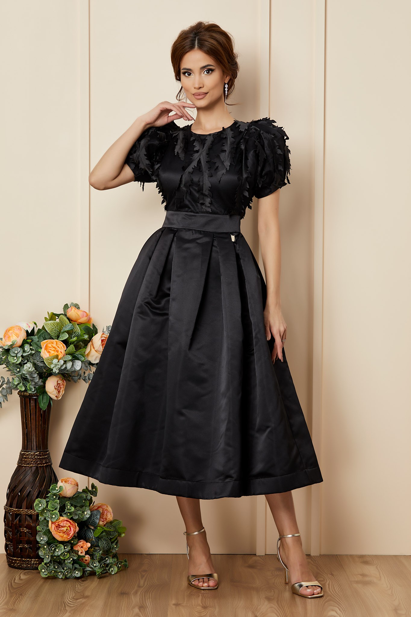 Μαύρο Μίντι Αμπιγιέ Σατέν Φόρεμα Luxury T2798 1