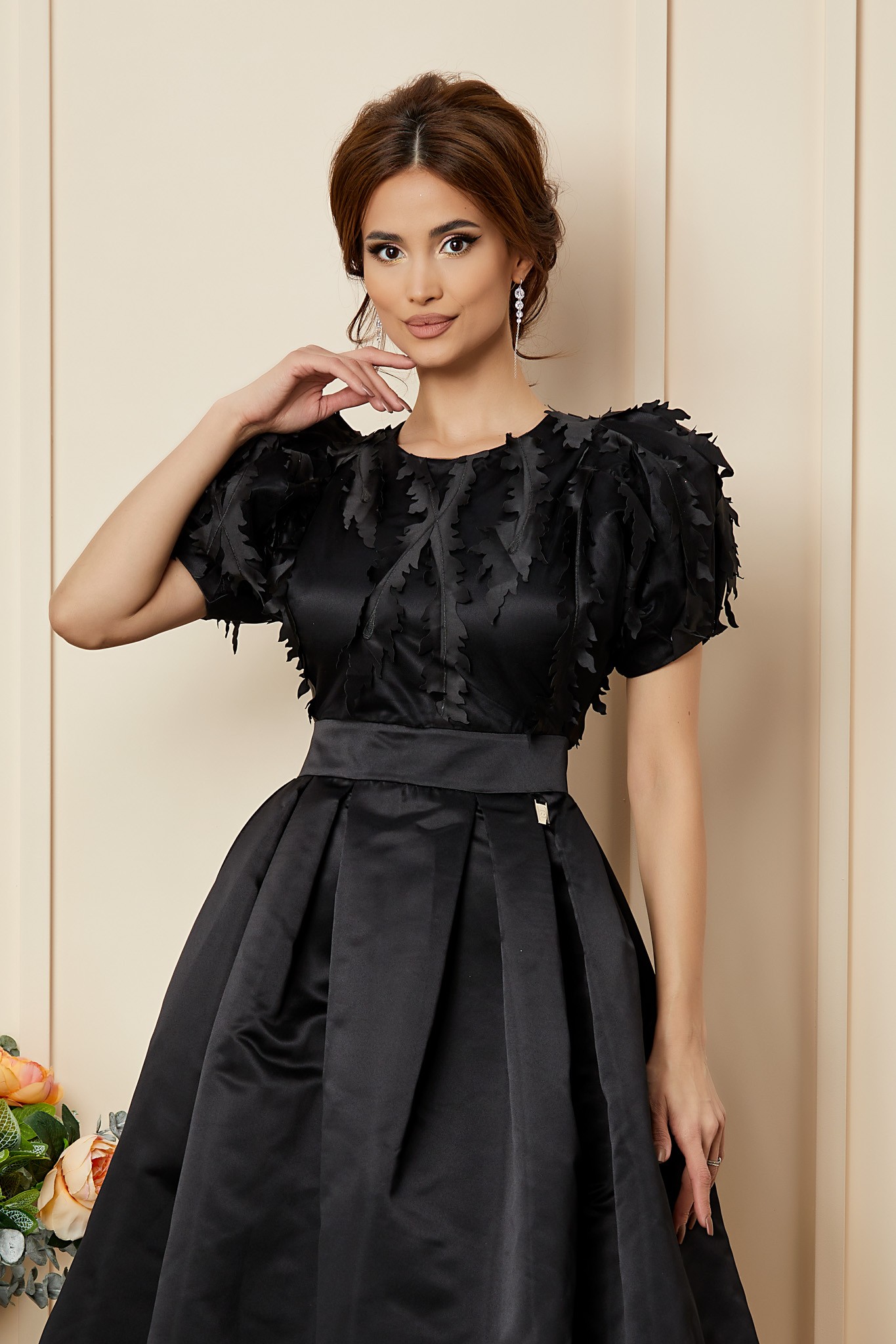 Μαύρο Μίντι Αμπιγιέ Σατέν Φόρεμα Luxury T2798 3