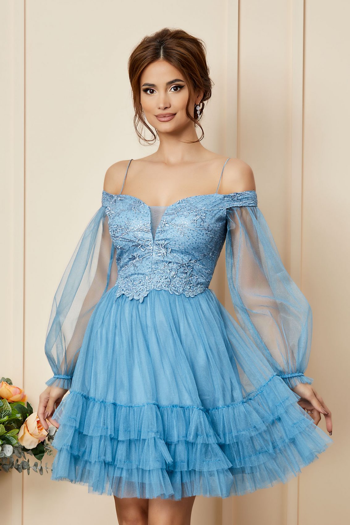 Γαλάζιο Αμπιγιέ Φόρεμα Με Δαντέλα Emanuelle T2768 3