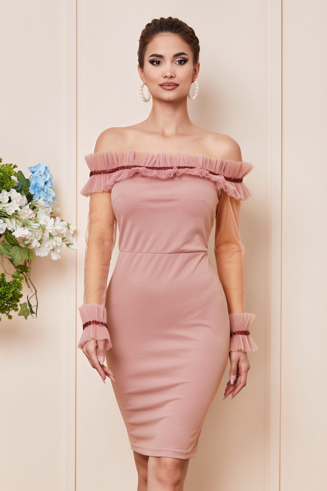 Ροζ Μίνι Βραδινό Φόρεμα Chanter T2930 3