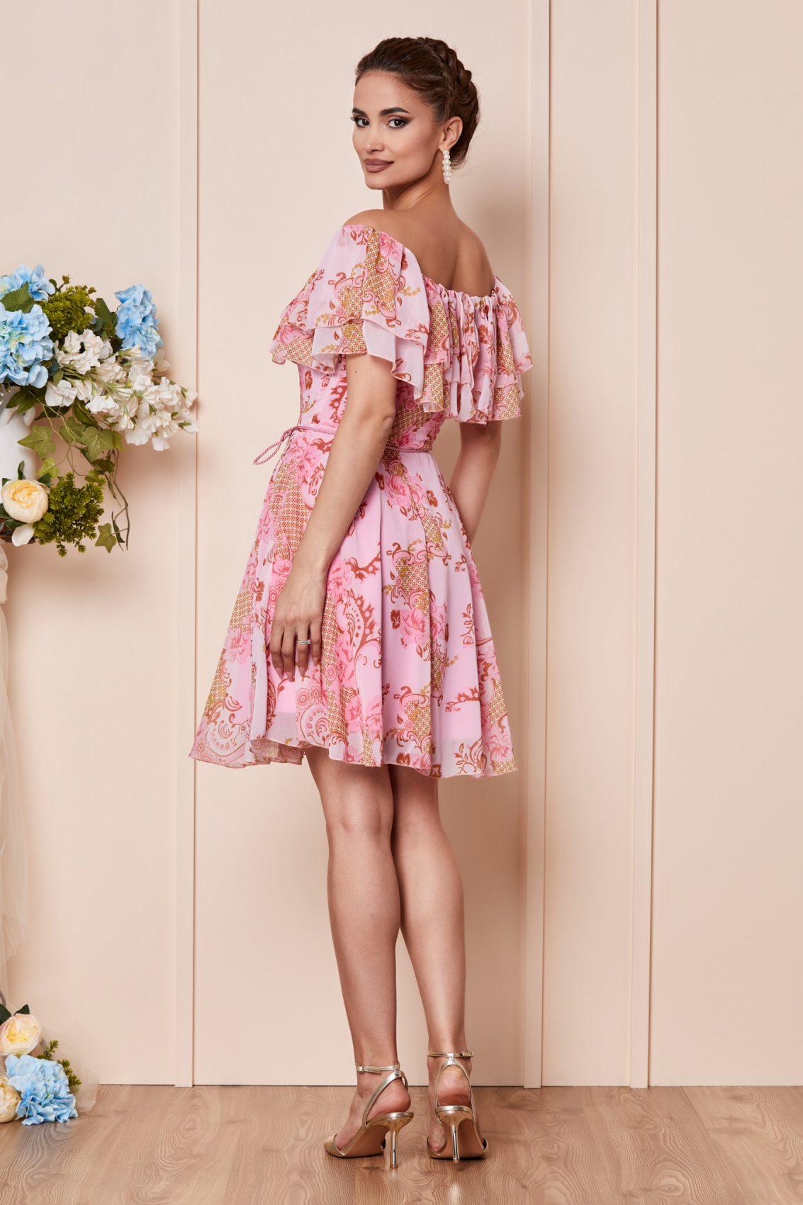 Ροζ Εμπριμέ Φόρεμα Με Βολάν Jasmine T2872 2
