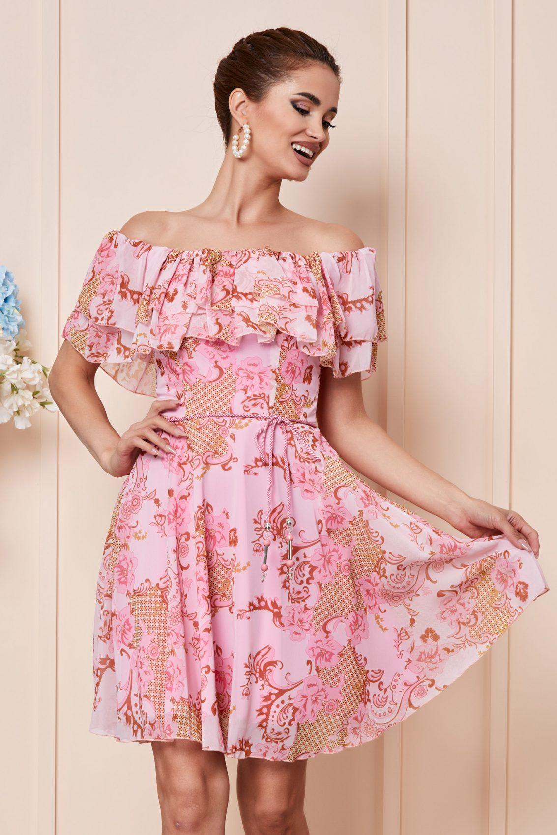 Ροζ Εμπριμέ Φόρεμα Με Βολάν Jasmine T2872 3