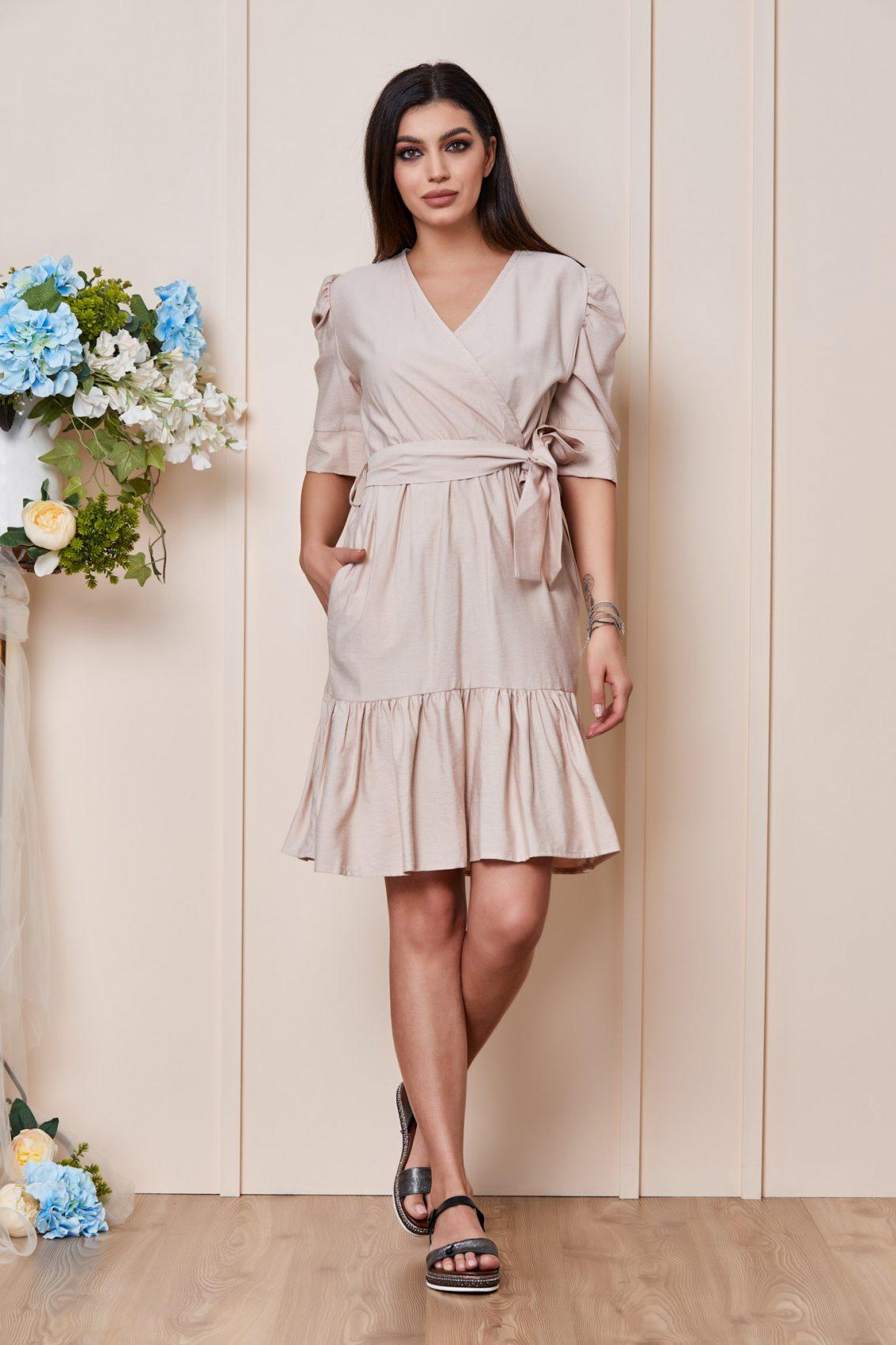 Μπεζ Καθημερινό Φόρεμα Με Βολάν Remi T3063 1