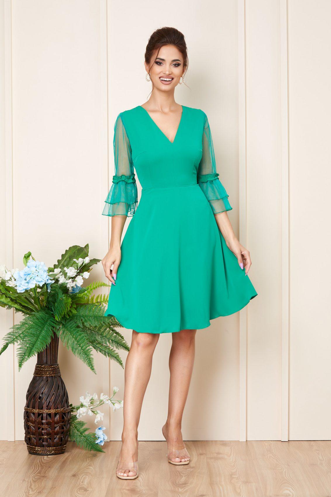 Πράσινο Μίντι Αμπιγιέ Φόρεμα Με Βολάν Rowana T3254 1