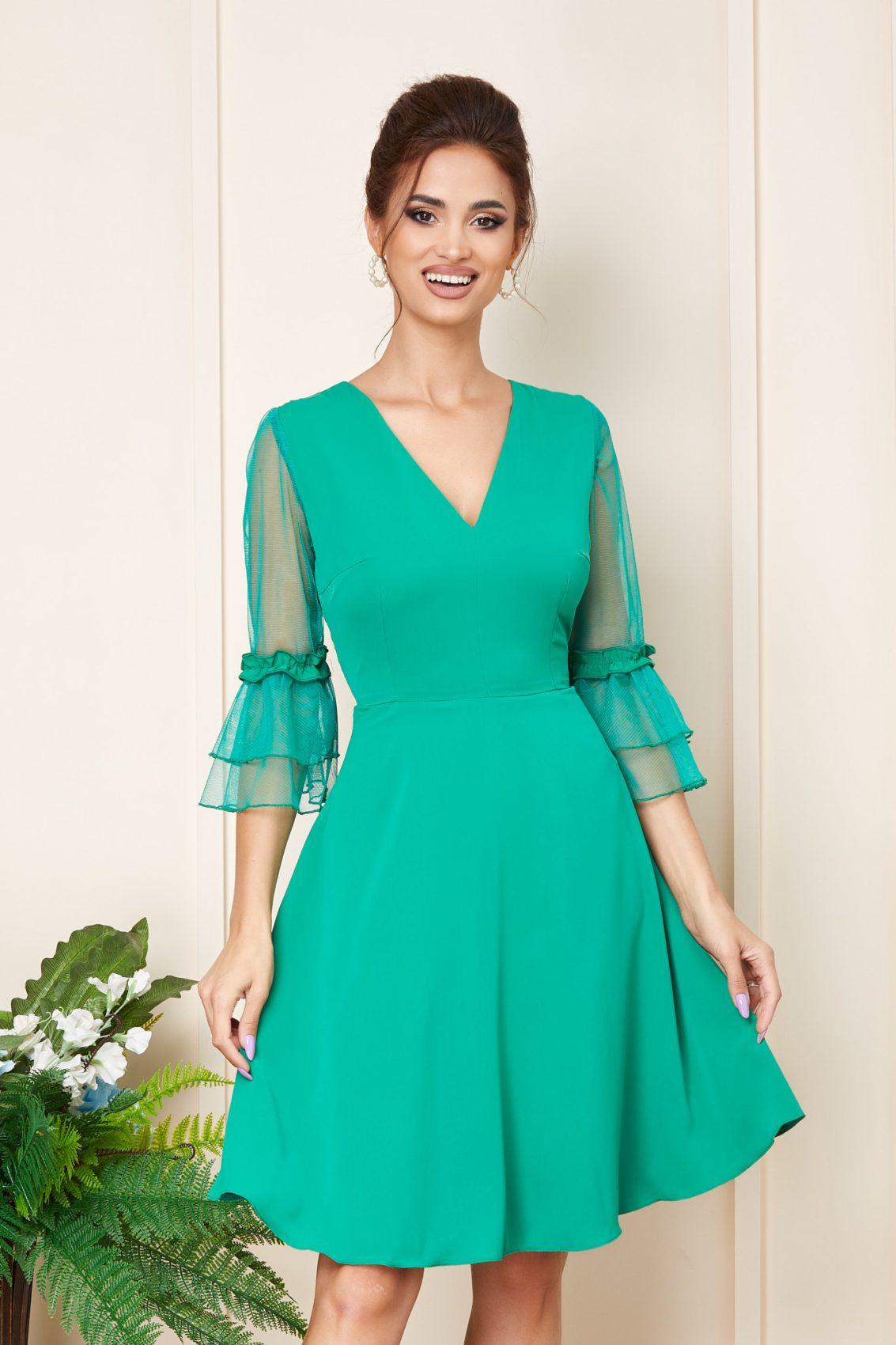 Πράσινο Μίντι Αμπιγιέ Φόρεμα Με Βολάν Rowana T3254 3