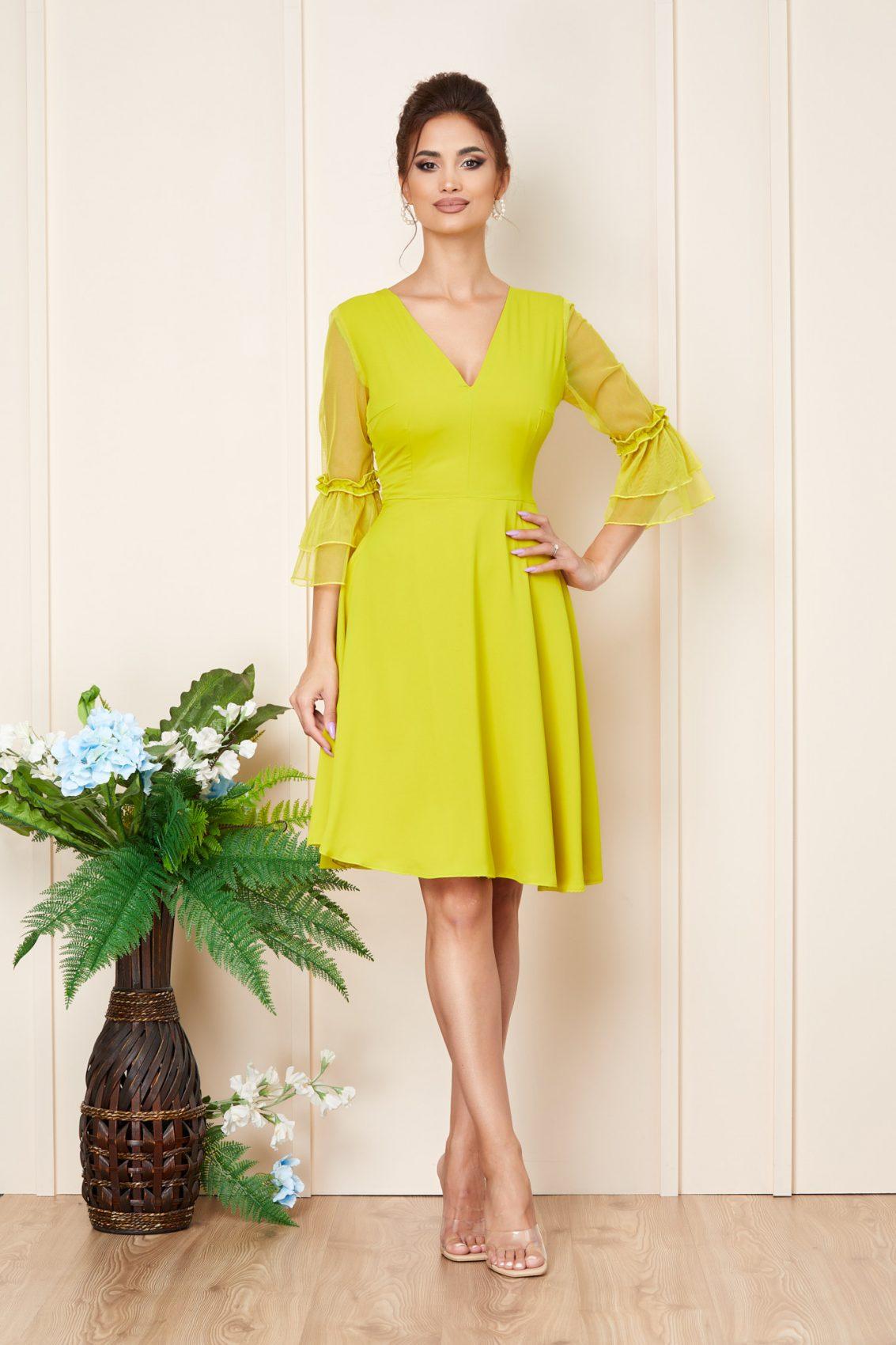 Κίτρινο Μίντι Αμπιγιέ Φόρεμα Με Βολάν Rowana T3253 1