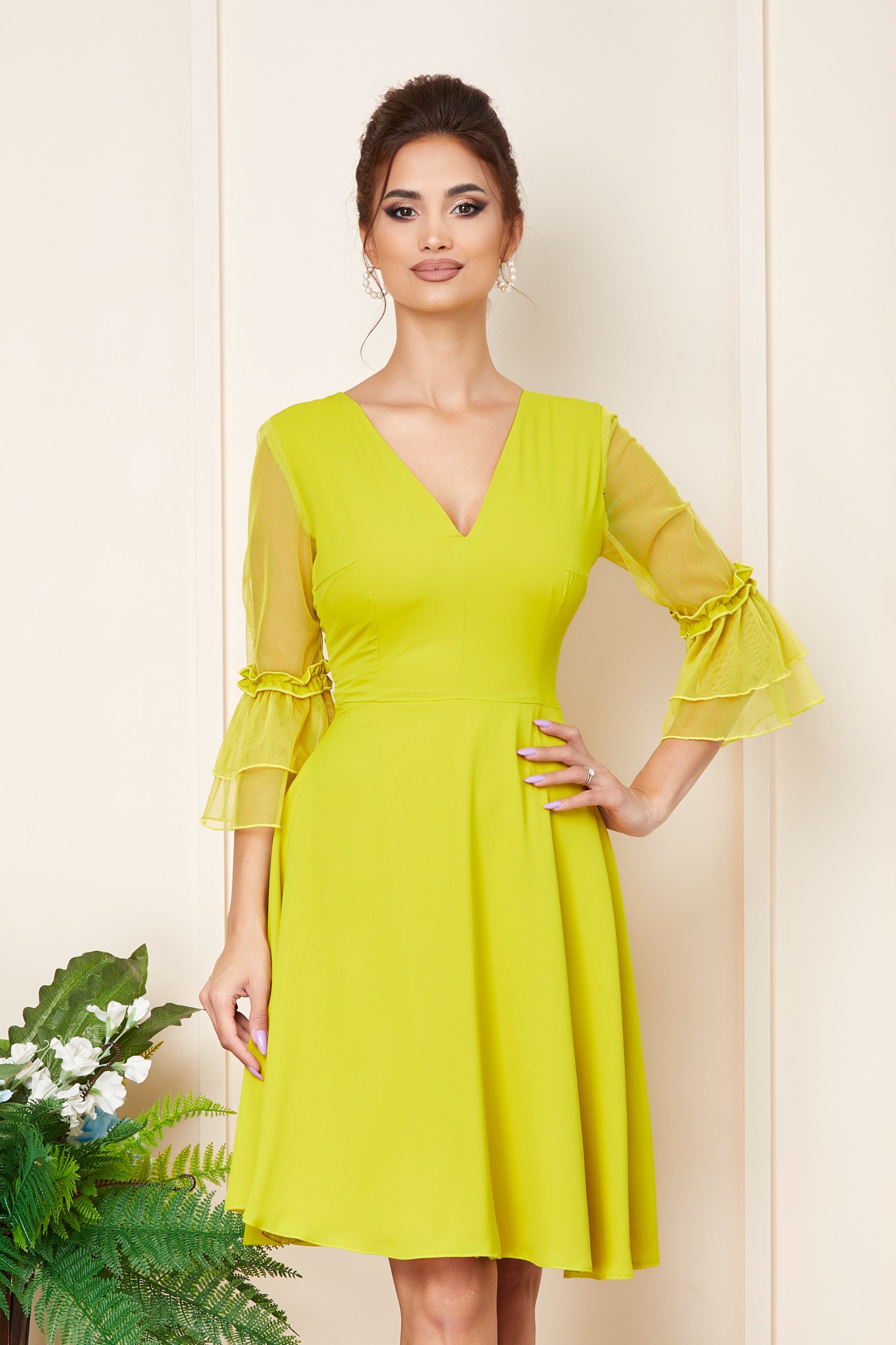 Κίτρινο Μίντι Αμπιγιέ Φόρεμα Με Βολάν Rowana T3253 3