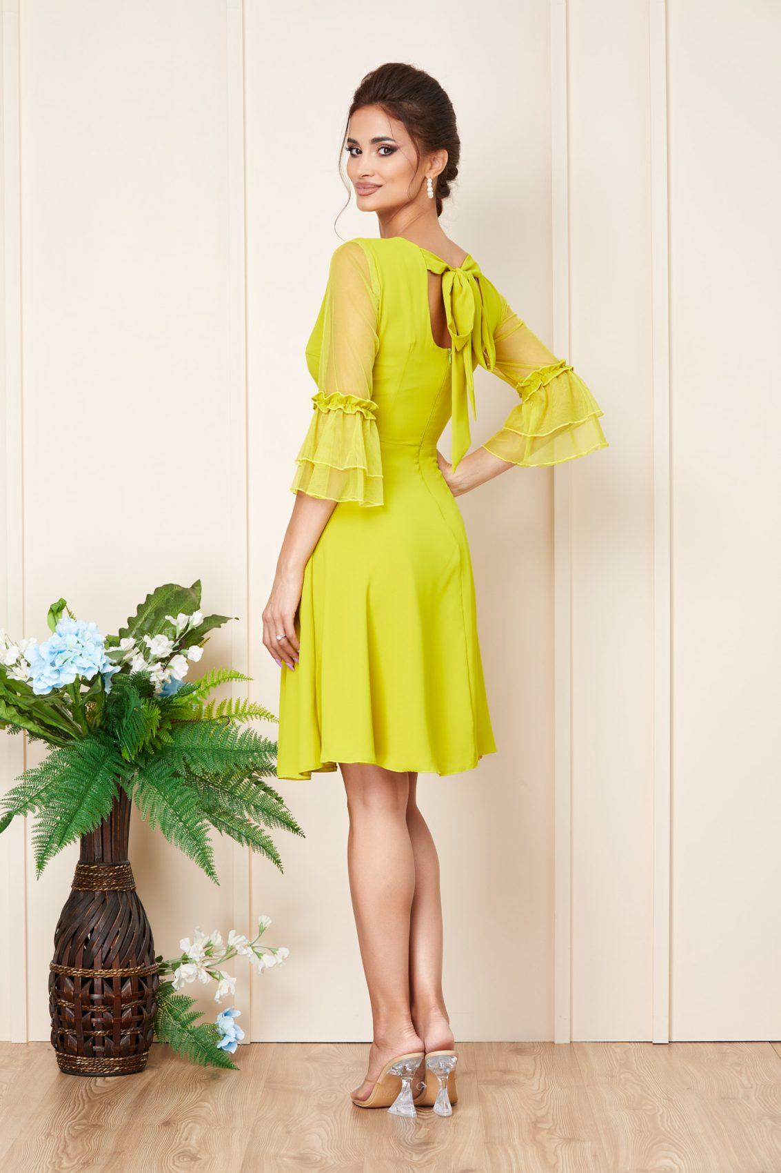 Κίτρινο Μίντι Αμπιγιέ Φόρεμα Με Βολάν Rowana T3253 2