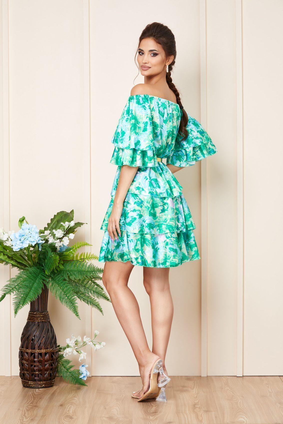 Πράσινο Εμπριμέ Σατέν Μίνι Βραδινό Φόρεμα Με Βολάν Moanna T3212 3