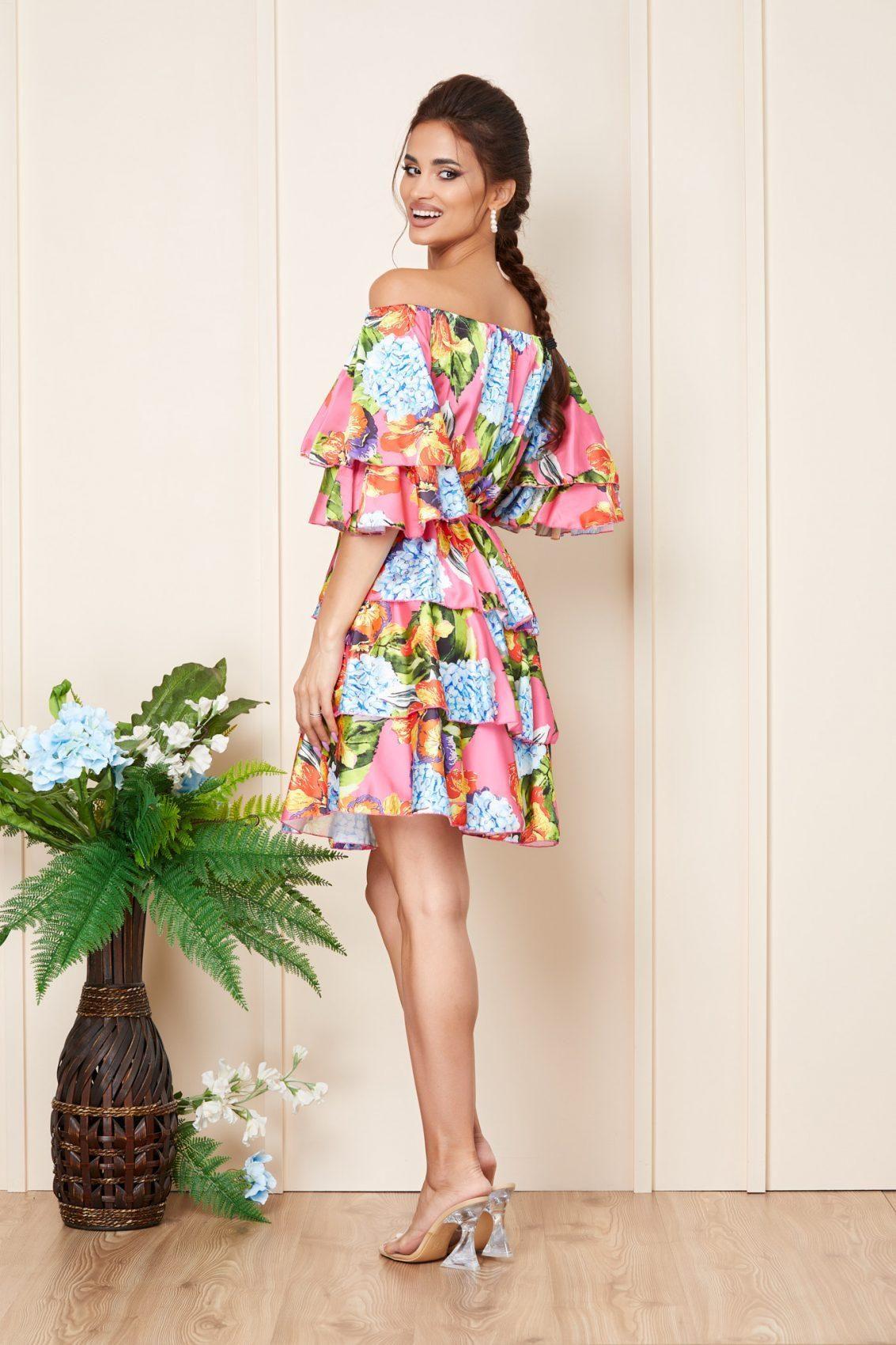 Ροζ Φλοράλ Σατέν Μίνι Βραδινό Φόρεμα Με Βολάν Moanna T3215 3