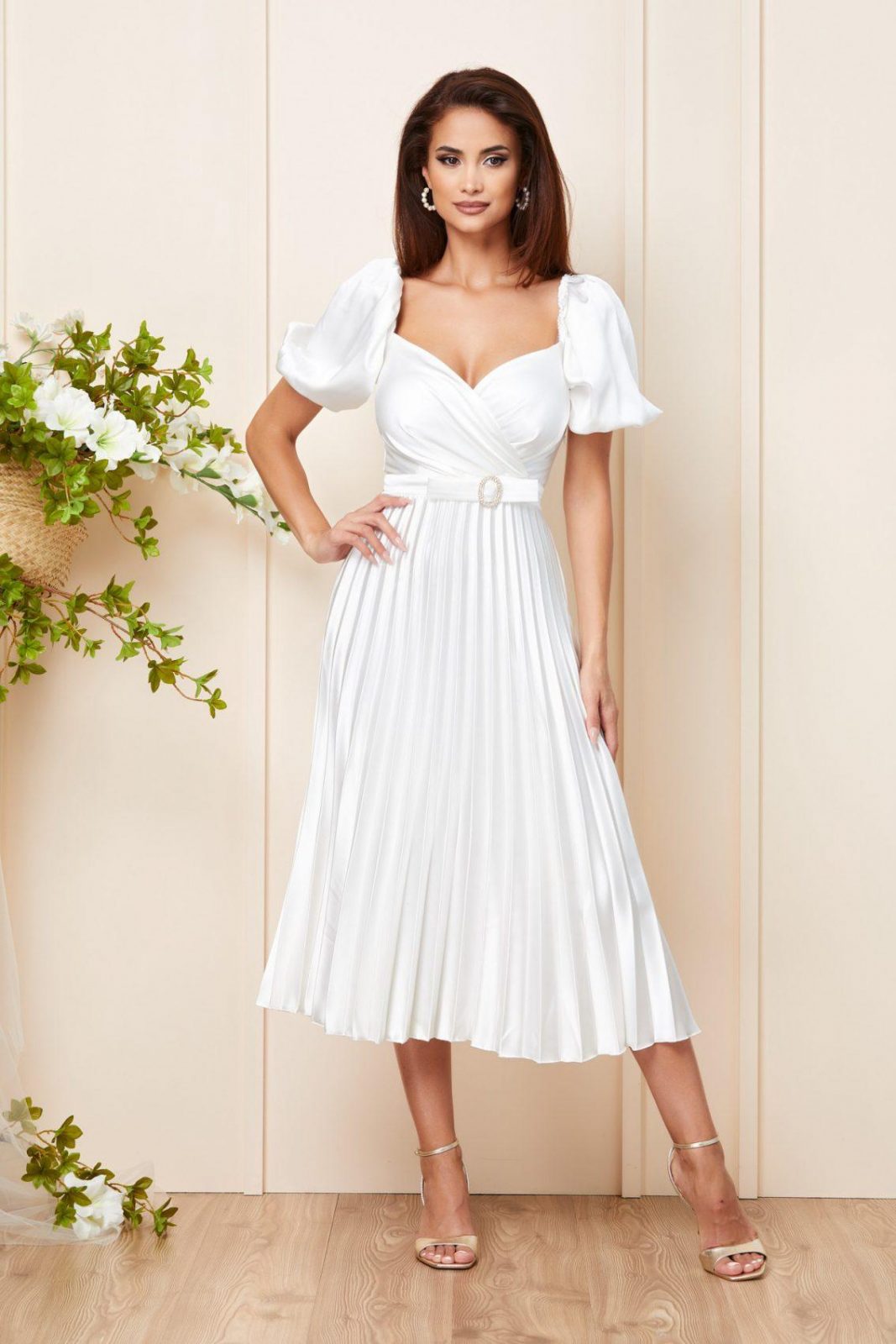 Λευκό Μίντι Σατέν Βραδινό Φόρεμα Melba T3134 4