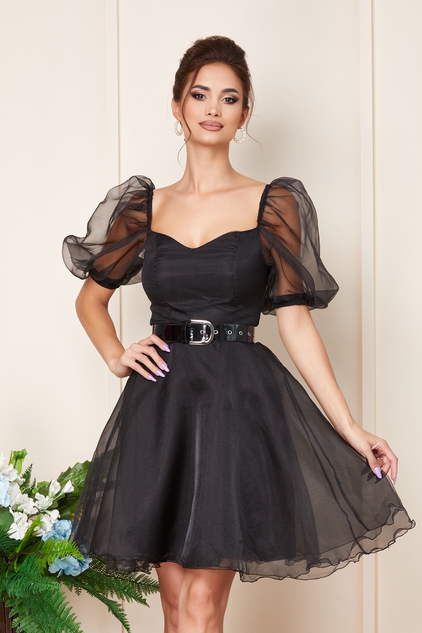 Μαύρο Μίνι Αμπιγιέ Φόρεμα Με Μανίκια Puff Aurora T3226 3