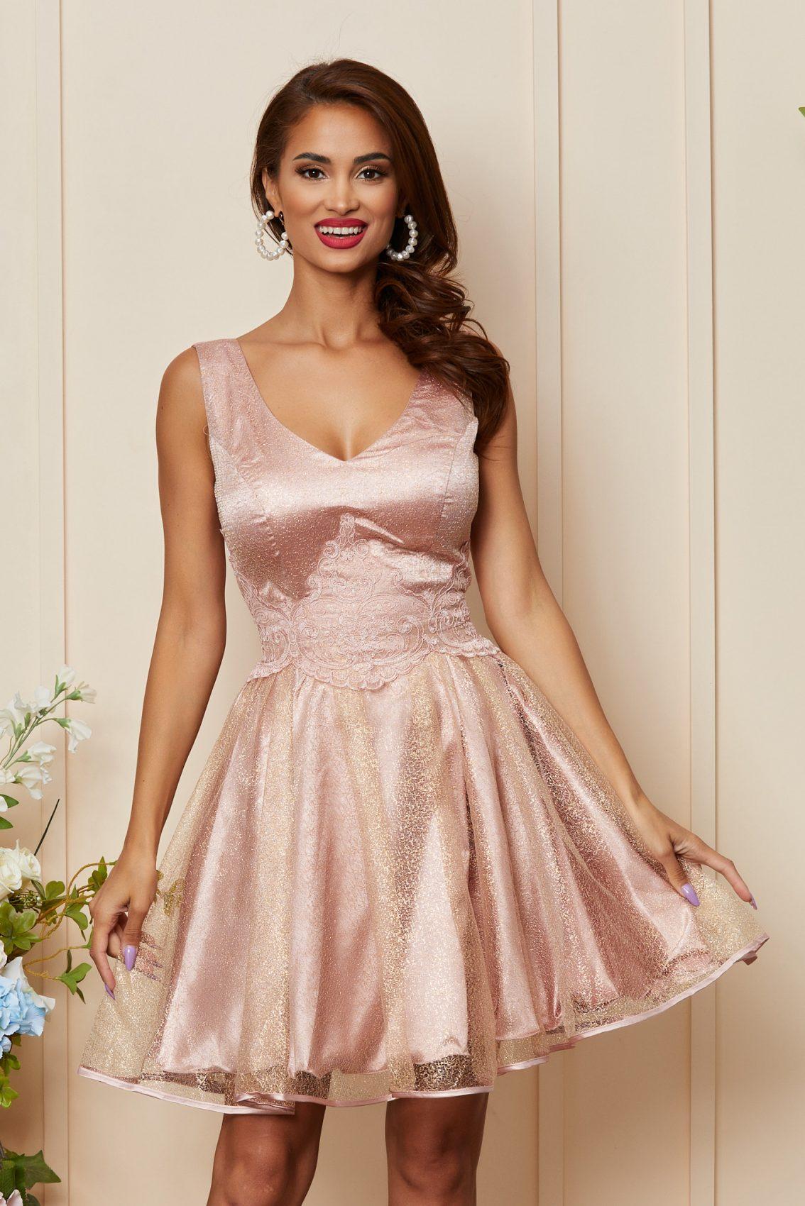 Ροζ Μίνι Αμπιγιέ Φόρεμα Με Δαντέλα Blossom T3511 3