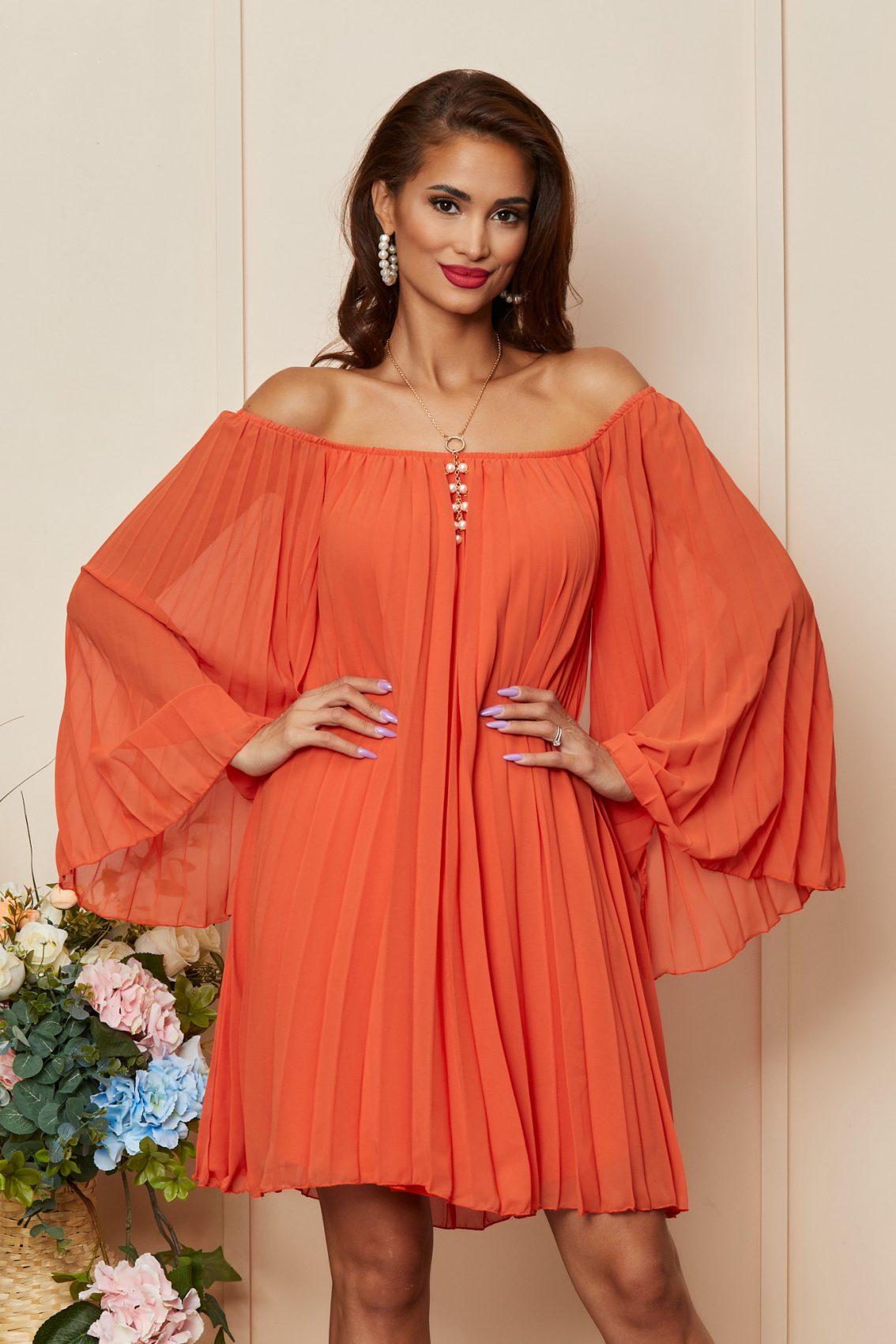 Πορτοκαλί Μίνι Βραδινό Φόρεμα Από Μουσελίνα Harlow T3484 3