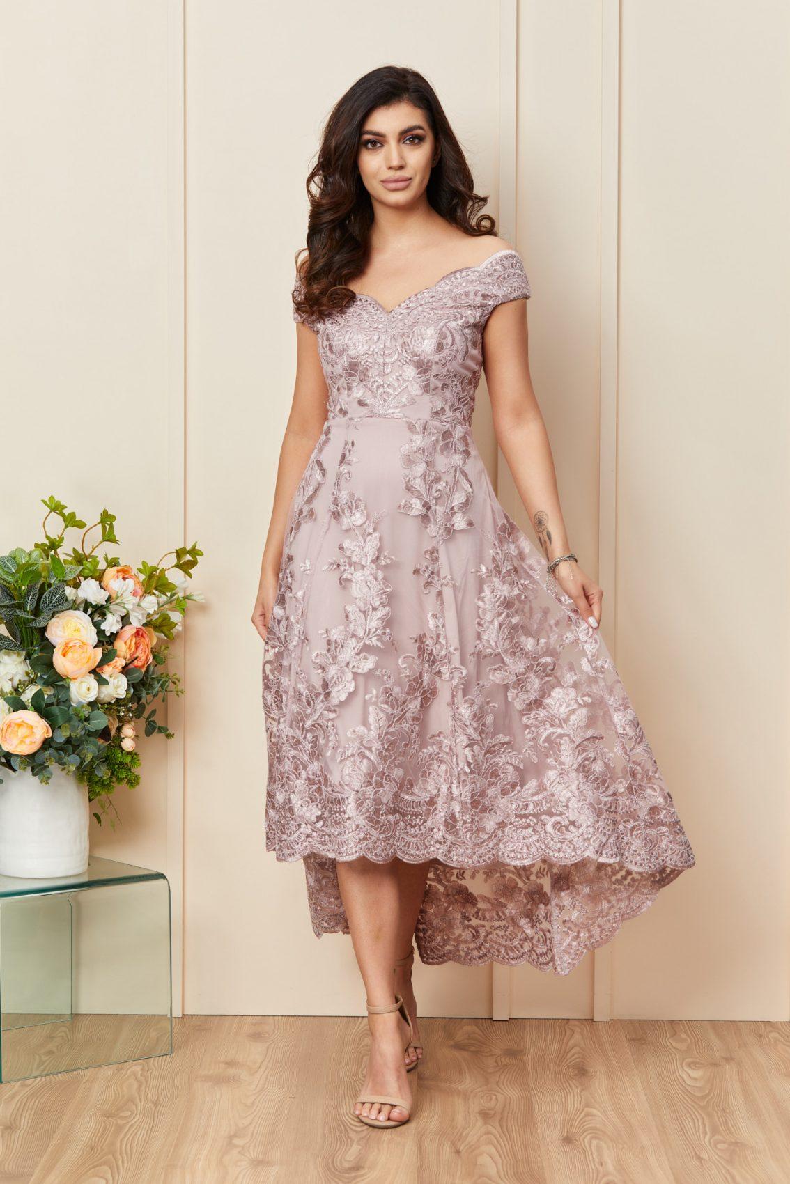 Ροζ Μίντι Αμπιγιέ Φόρεμα Από Δαντέλα Jacline T3331 1