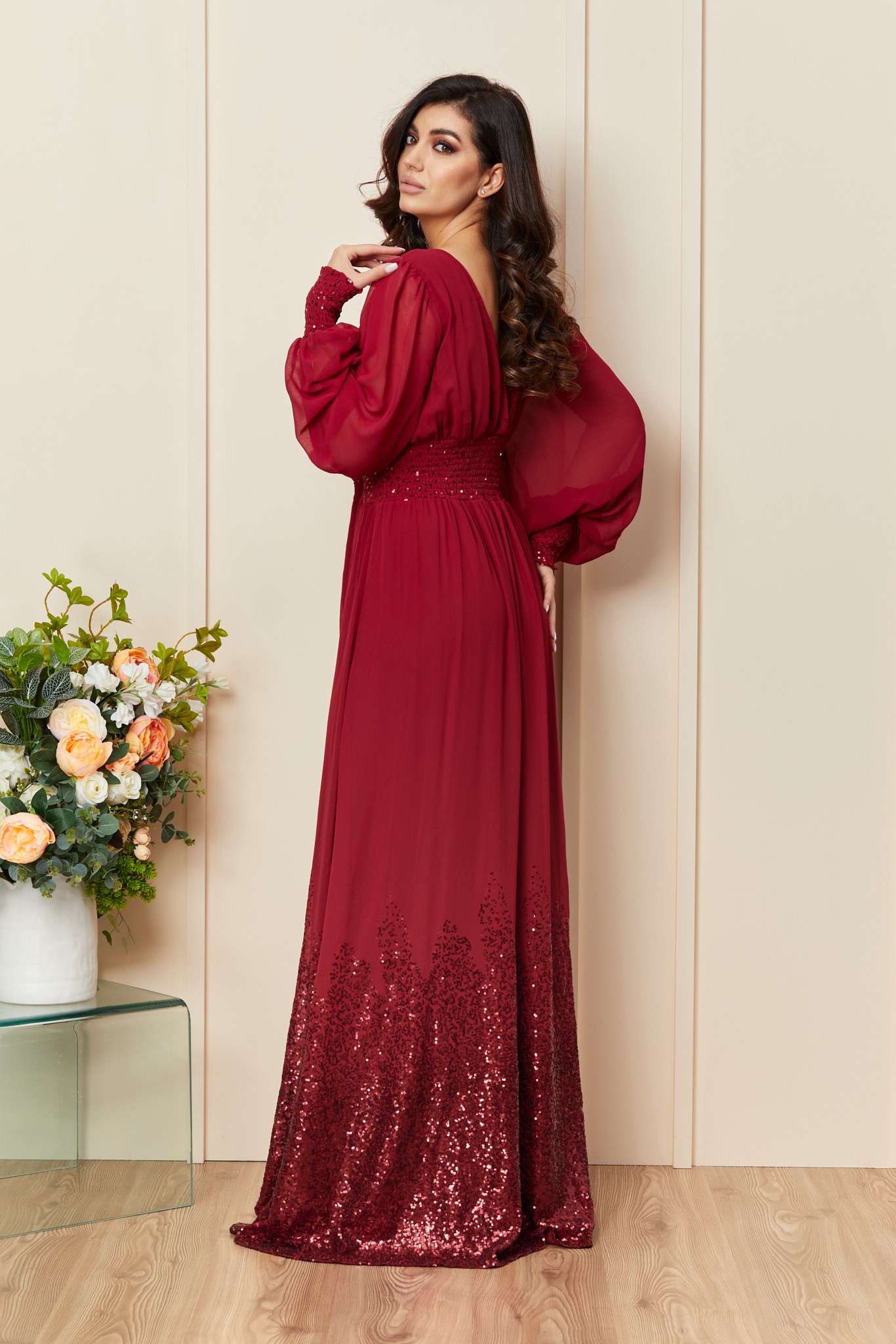 Μπορντό Αμπιγιέ Φόρεμα Με Πούλιες Plus Size Reyna T3346 2