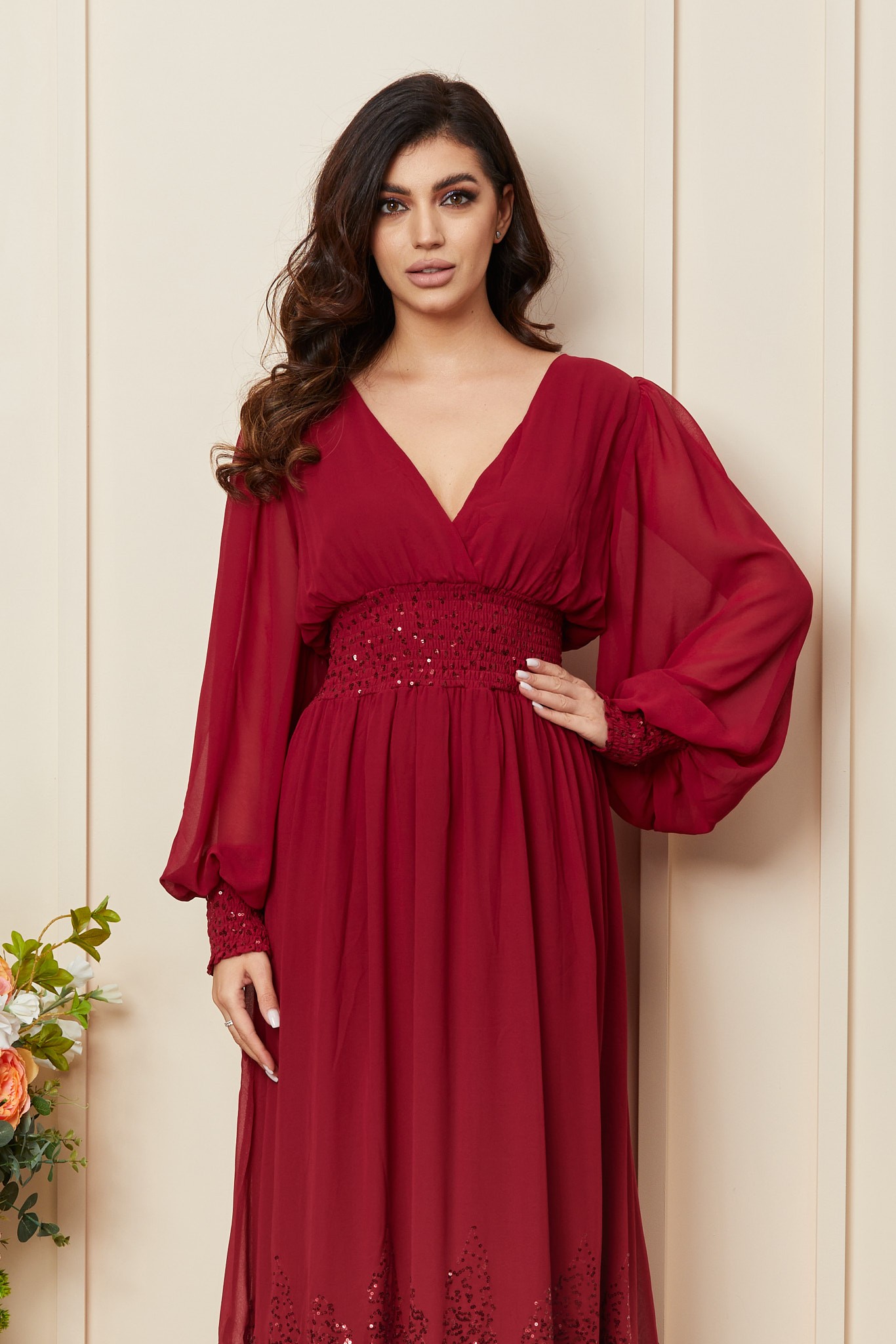 Μπορντό Αμπιγιέ Φόρεμα Με Πούλιες Plus Size Reyna T3346 3