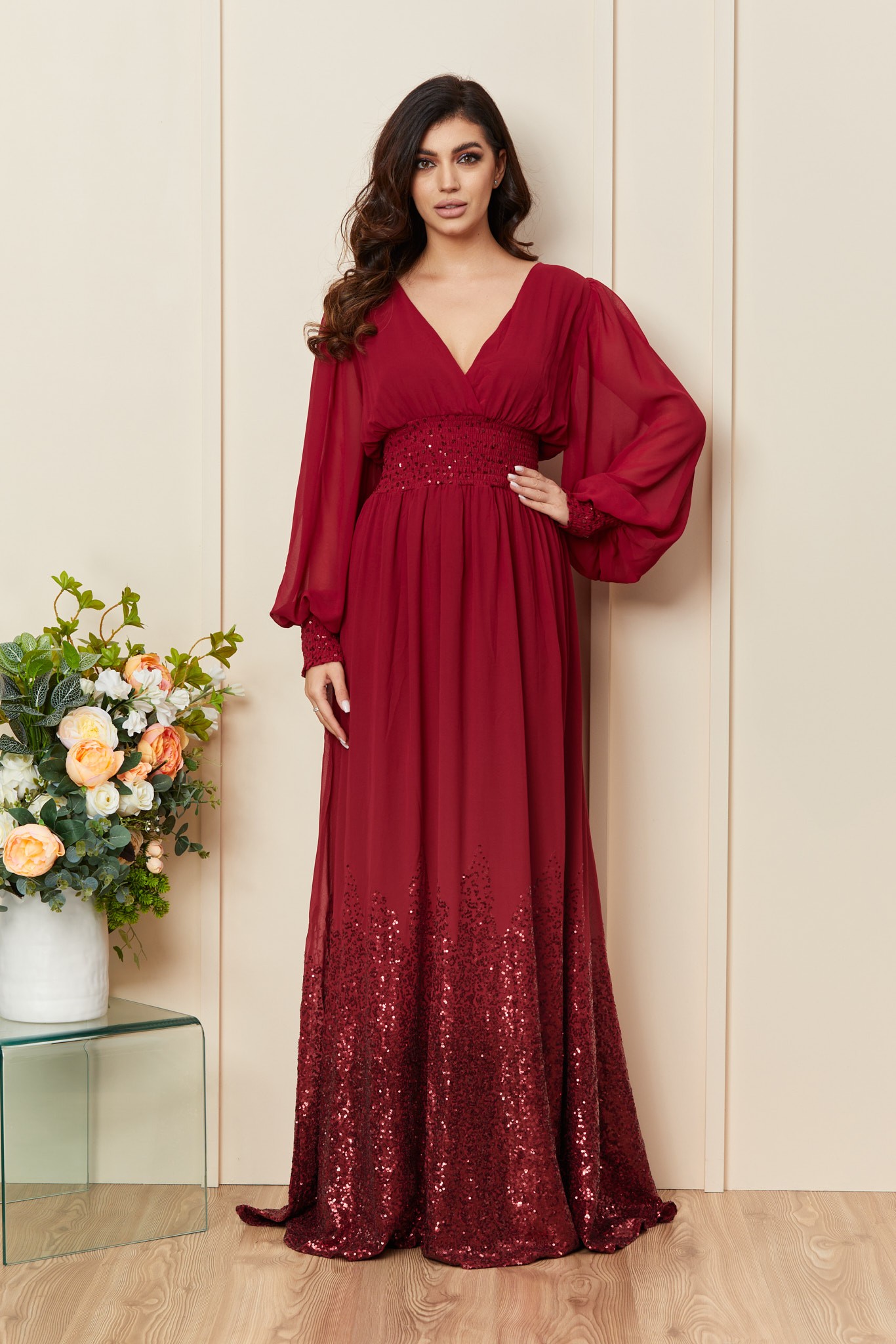 Μπορντό Αμπιγιέ Φόρεμα Με Πούλιες Plus Size Reyna T3346 1