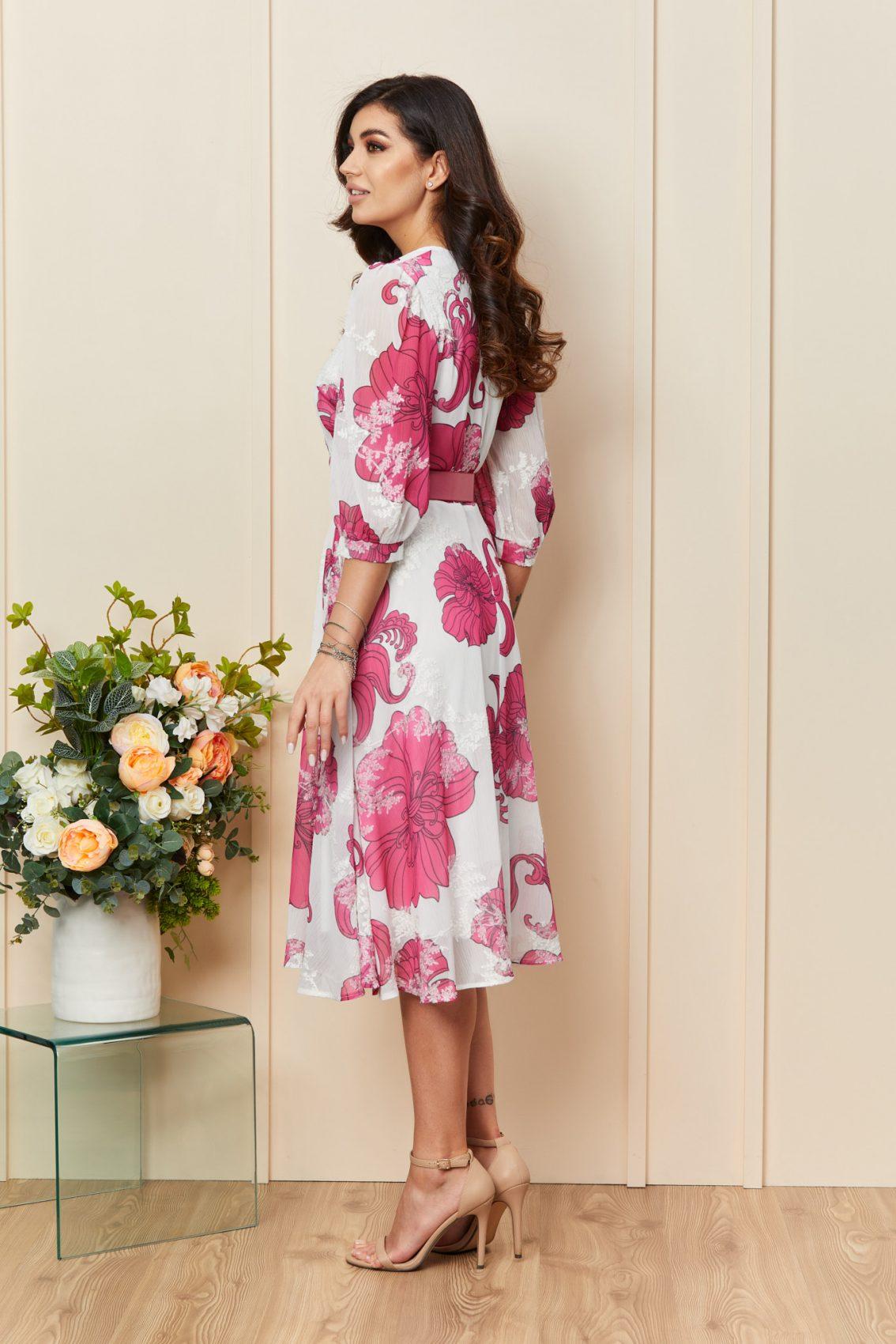 Κυκλάμινο Φλοράλ Μίντι Βραδινό Φόρεμα Με Κέντημα Sunny T3305 2