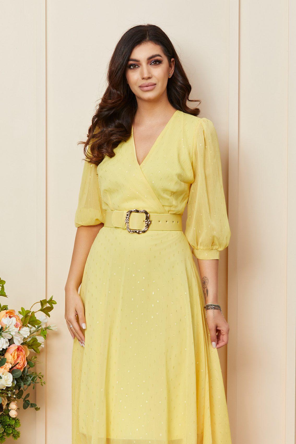 Κίτρινο Μίντι Βραδινό Φόρεμα Με Ζώνη Topaz T3295 3