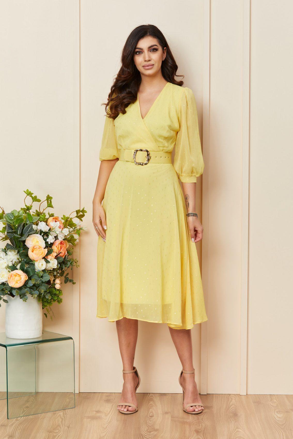 Κίτρινο Μίντι Βραδινό Φόρεμα Με Ζώνη Topaz T3295 1