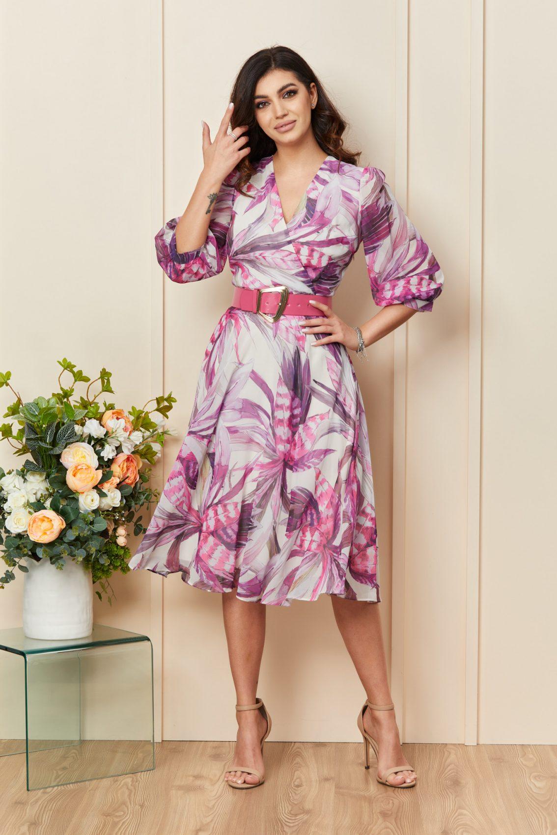 Λιλά Μίντι Εμπριμέ Φόρεμα Με Ζώνη Marigold T3310 1