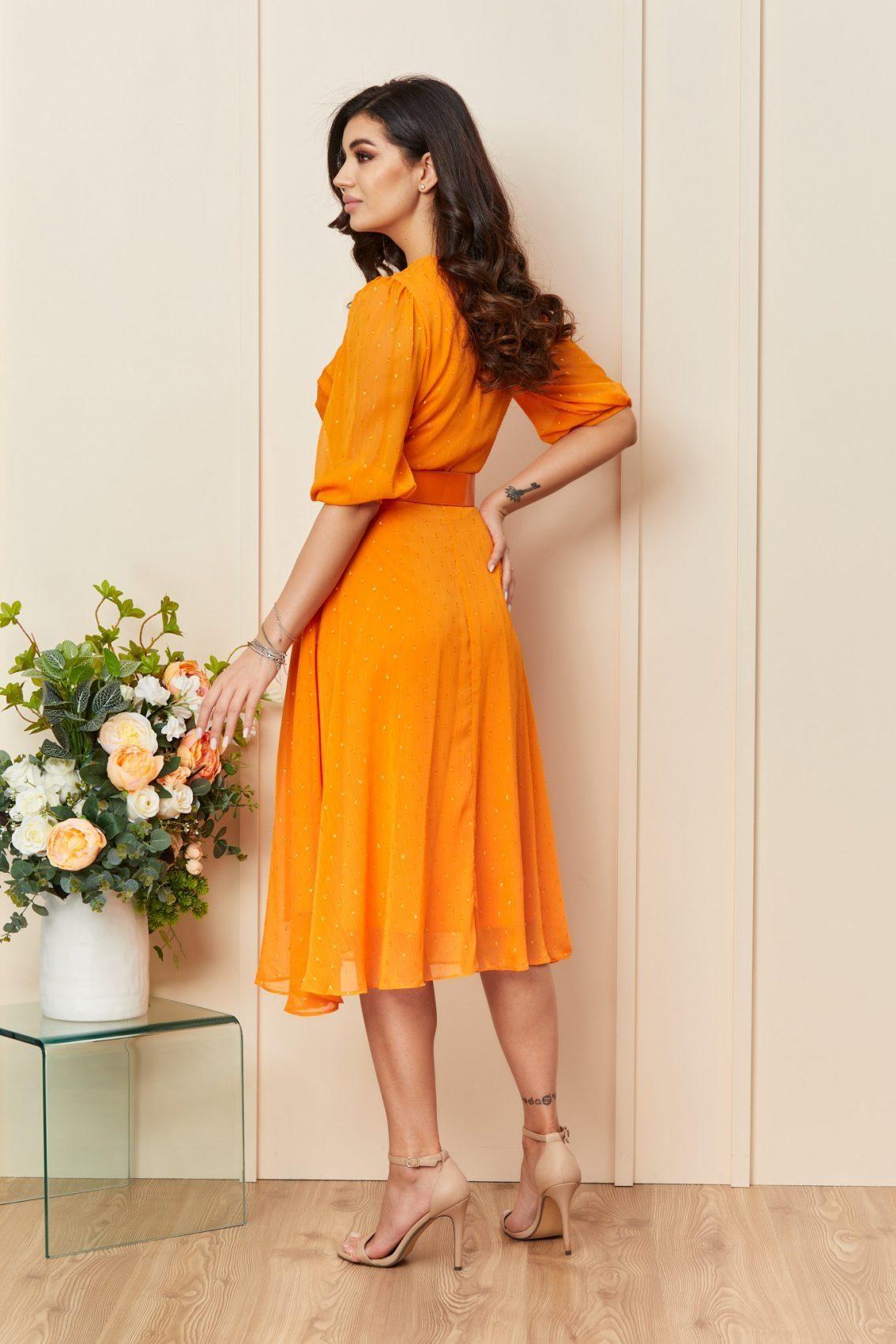 Πορτοκαλί Μίντι Βραδινό Φόρεμα Με Ζώνη Topaz T3291 2