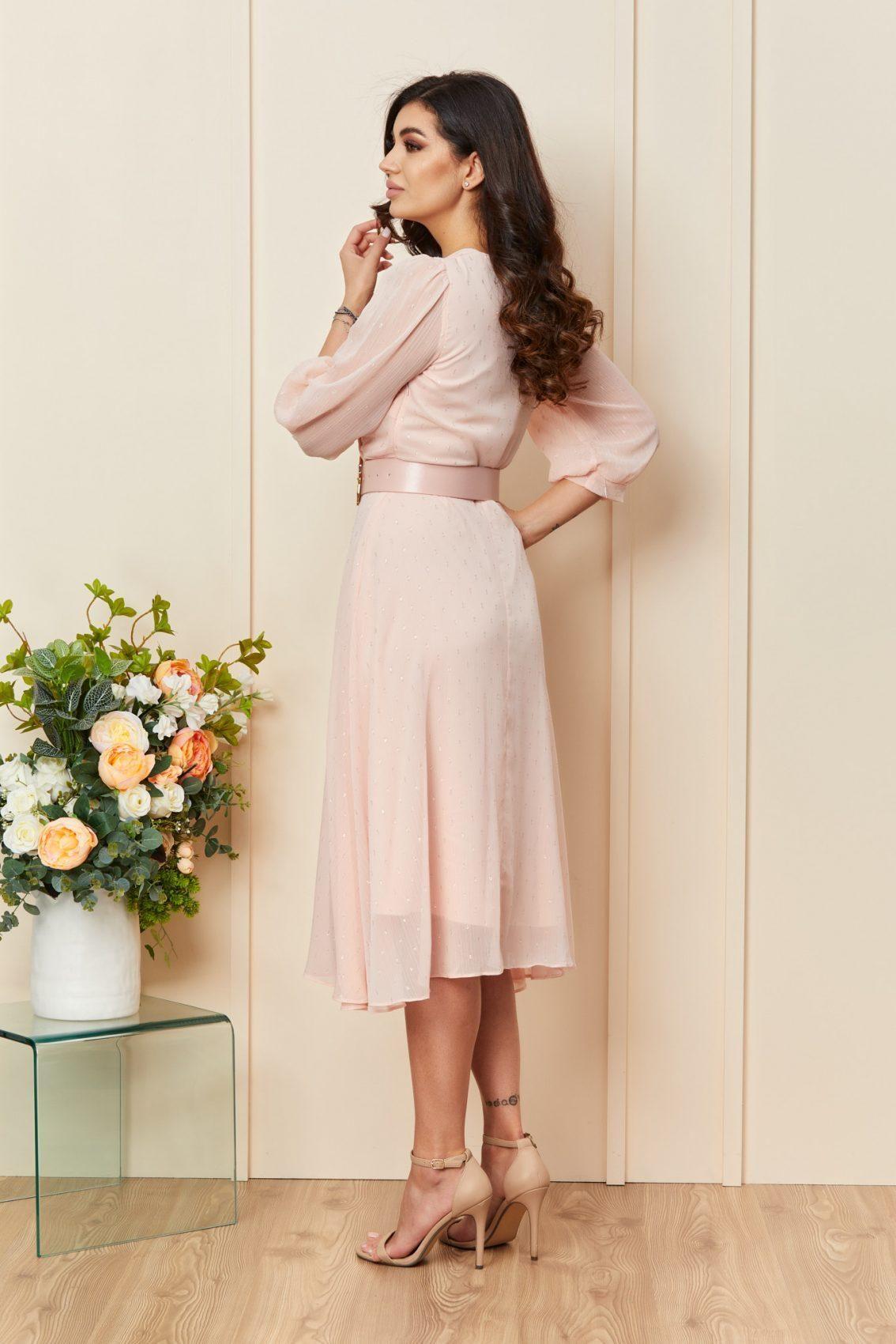 Ροζ Μίντι Βραδινό Φόρεμα Με Ζώνη Topaz T3290 2