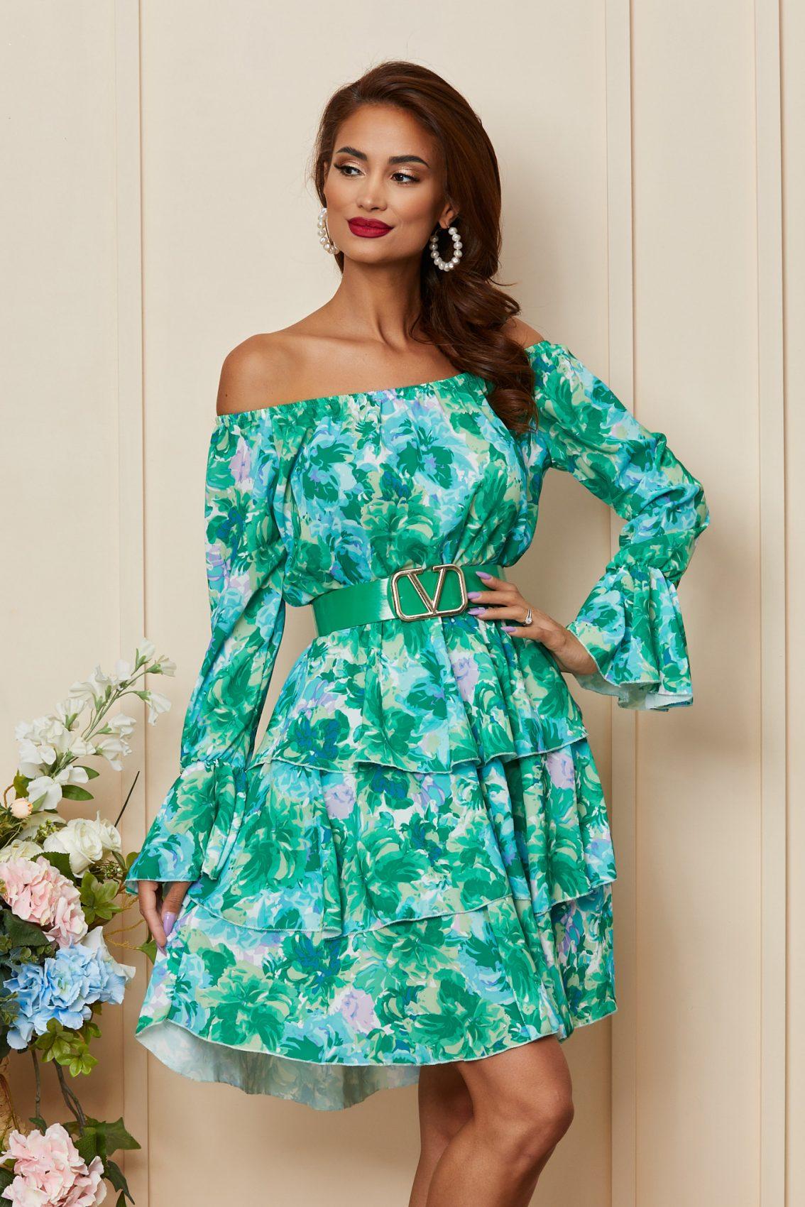 Πράσινο Εμπριμέ Φόρεμα Με Βολάν Jodie T3488 3