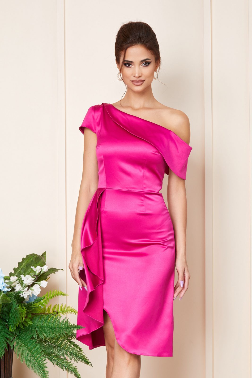 Φούξια Μίντι Σατέν Αμπιγιέ Φόρεμα Με Βολάν Blaire T3237 3