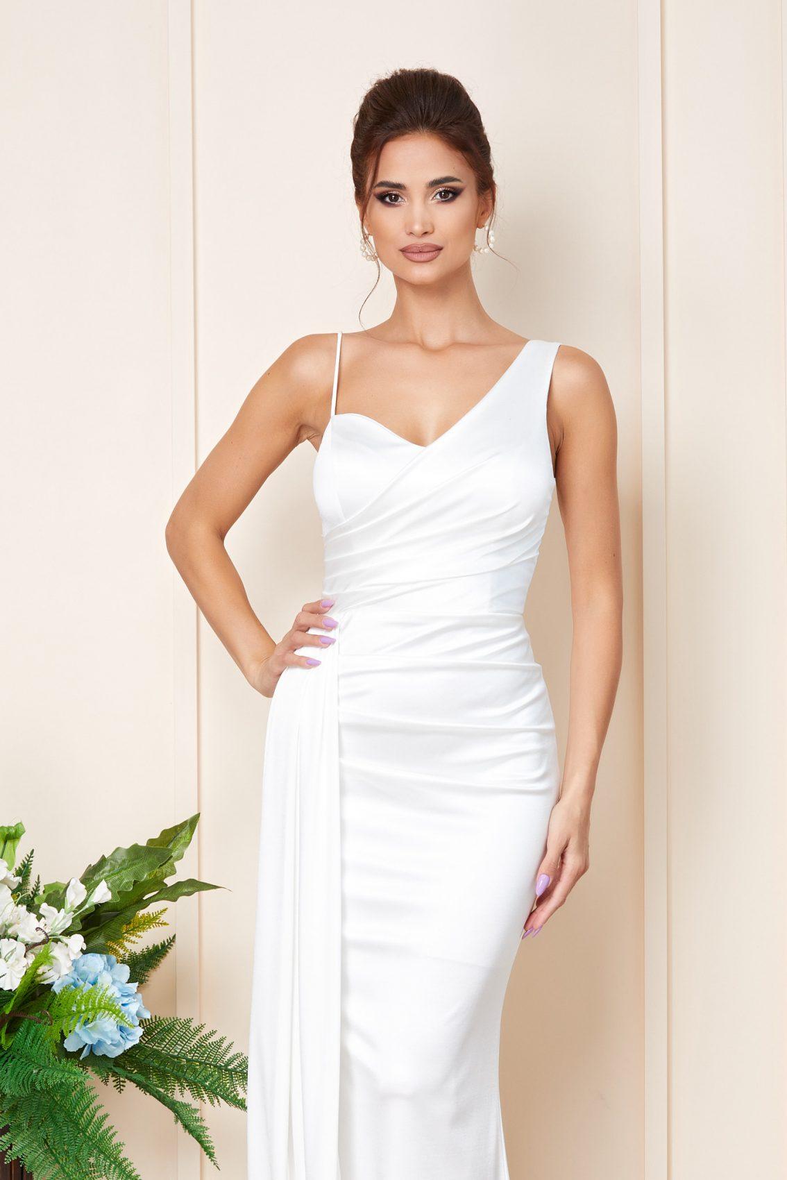 Λευκό Μάξι Αμπιγιέ Εφαρμοστό Φόρεμα Madeira T3198 3