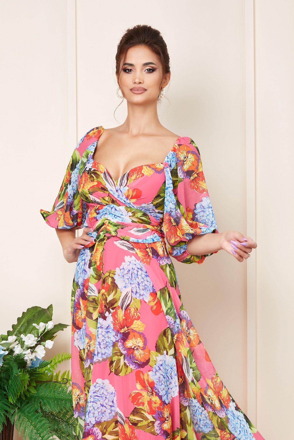 Ροζ Φλοράλ Μάξι Βραδινό Φόρεμα Από Μουσελίνα Priscilla T3202 3