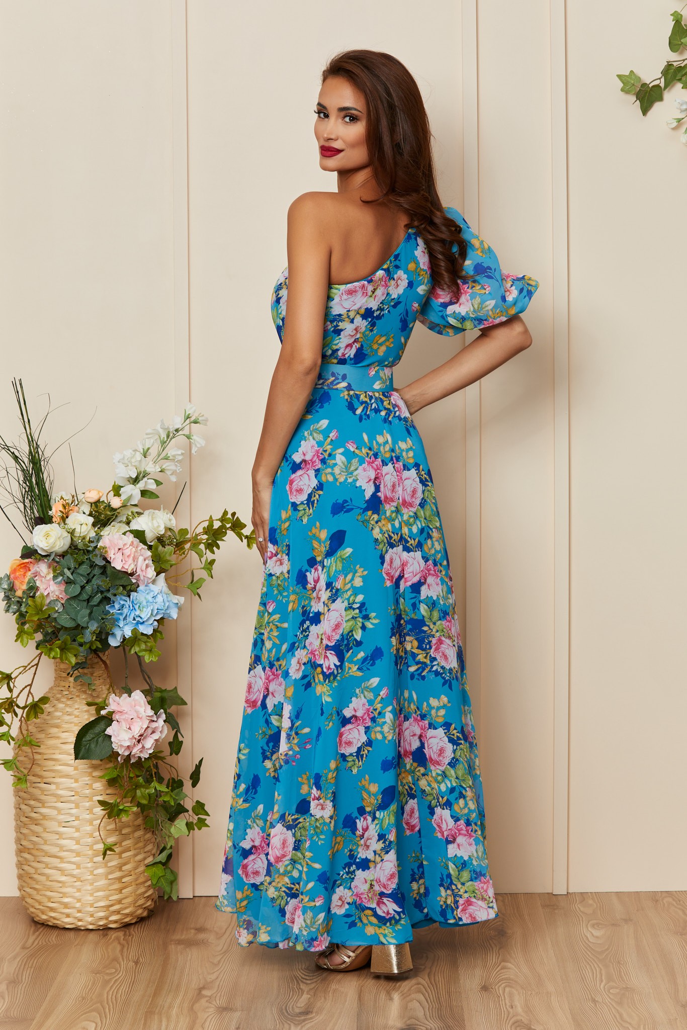 Μπλε Φλοράλ Μάξι Βραδινό Φόρεμα Με Ένα Μανίκι Colorful T3575 2