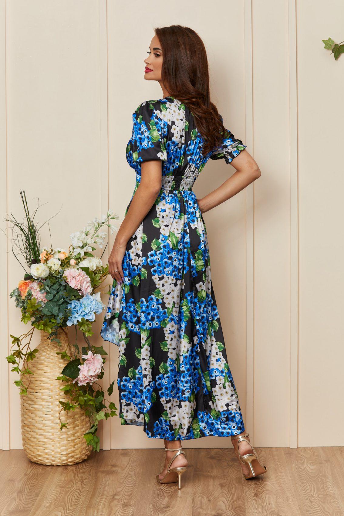Μπλε Φλοράλ Σατέν Μίντι Βραδινό Φόρεμα Edith T3562 2
