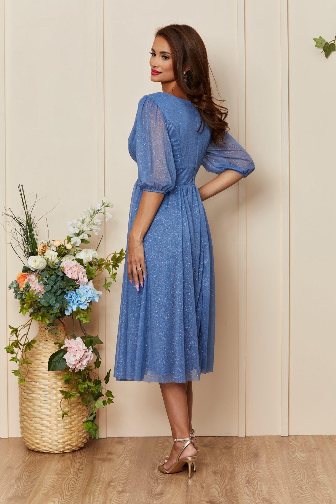 Μπλε Μίντι Βραδινό Φόρεμα Με Γκλίτερ Nicolette T3461 2