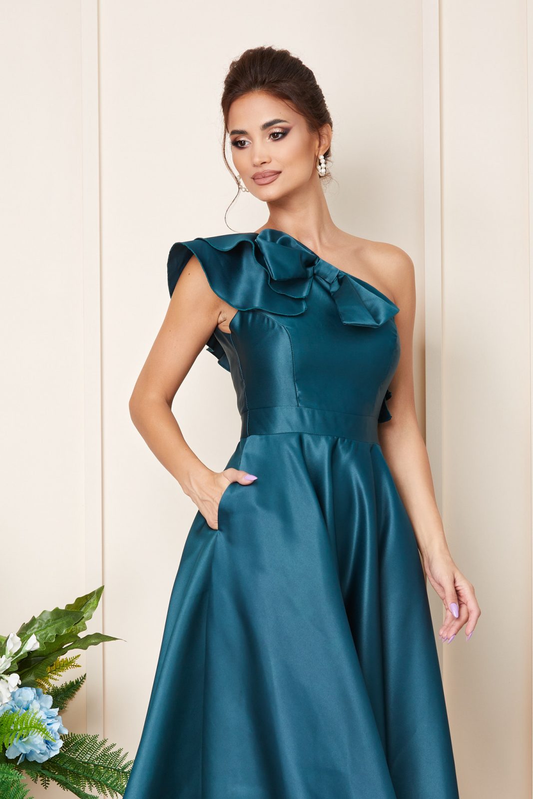 Πετρόλ Μίντι Σατέν Αμπιγιέ Φόρεμα Brilliant T3239 3