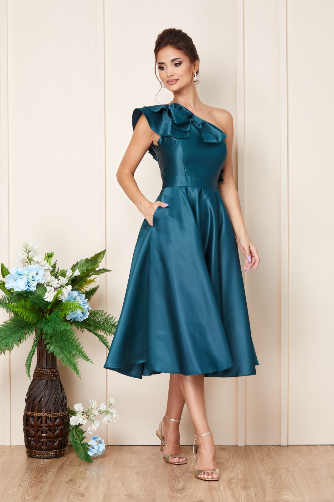 Πετρόλ Μίντι Σατέν Αμπιγιέ Φόρεμα Brilliant T3239 1
