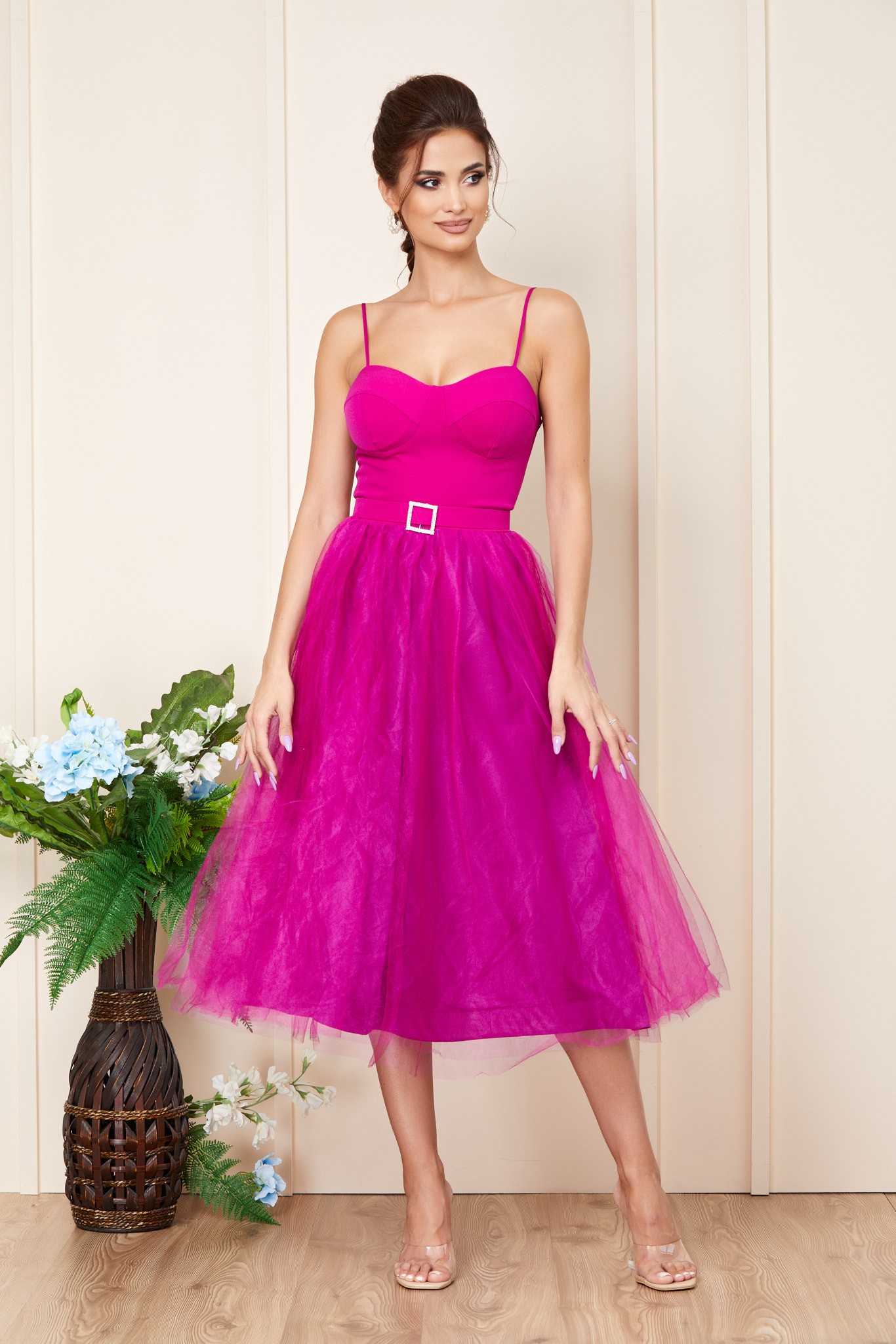 Φούξια Μίντι Αμπιγιέ Κλος Φόρεμα Με Τούλι Sienna T3228 1