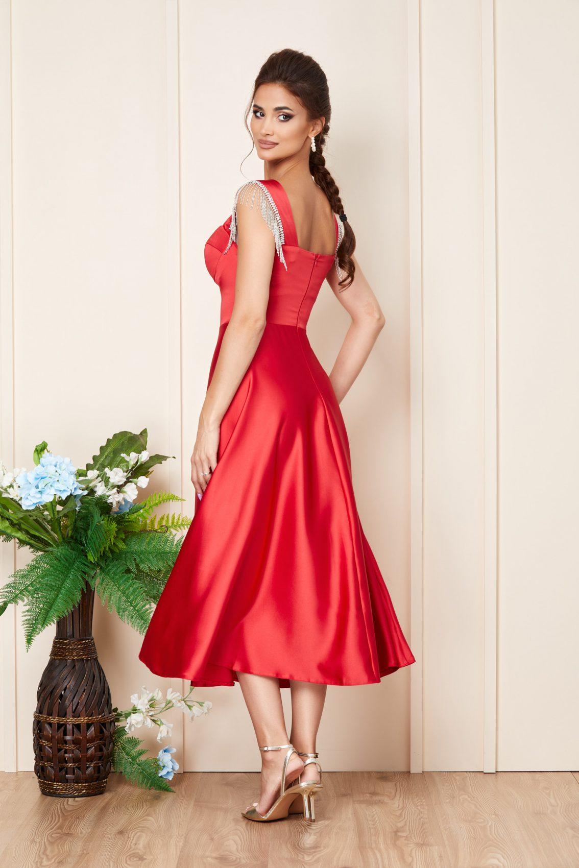 Κόκκινο Μίντι Σατέν Αμπιγιέ Φόρεμα Darla T3208 2
