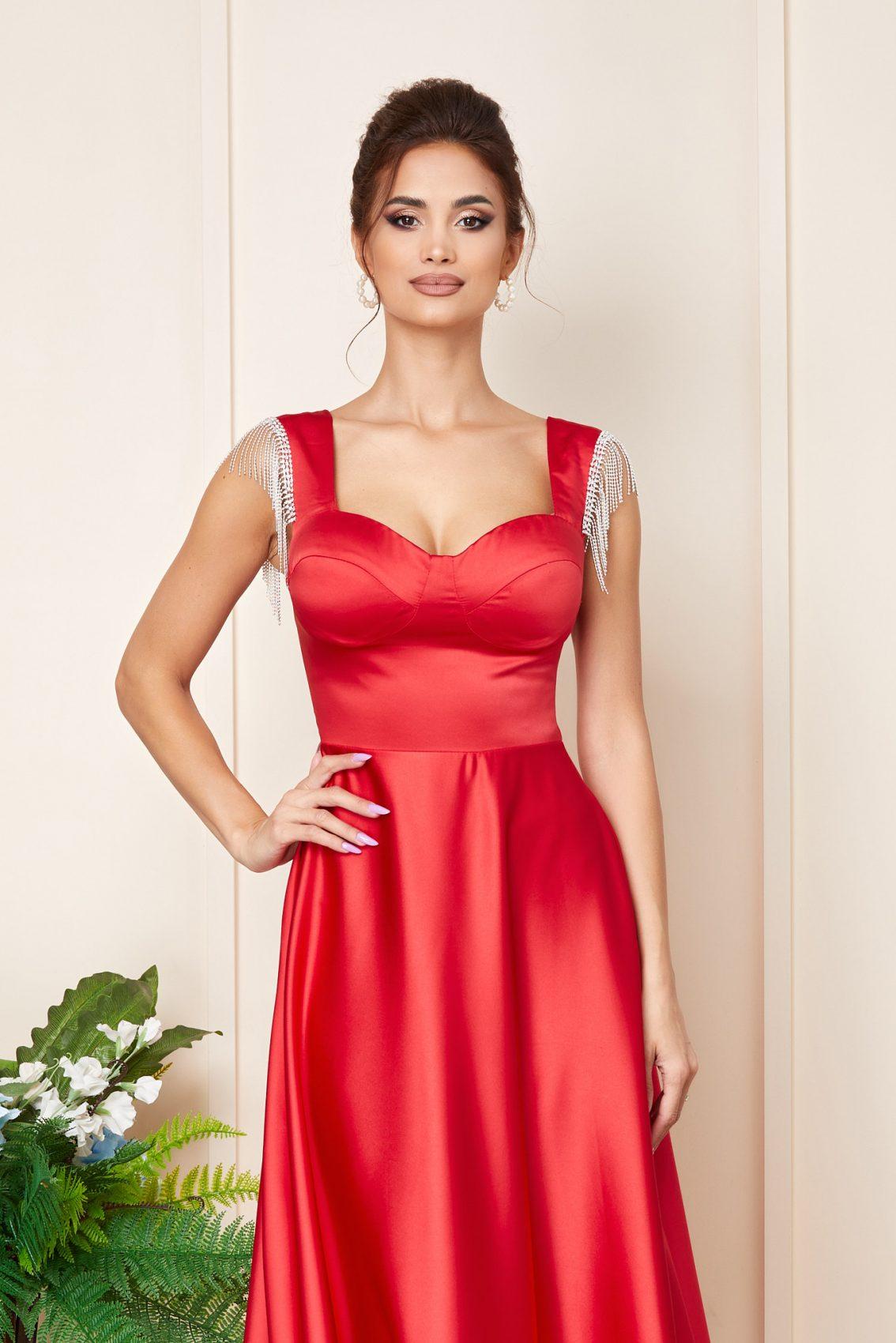 Κόκκινο Μίντι Σατέν Αμπιγιέ Φόρεμα Darla T3208 3