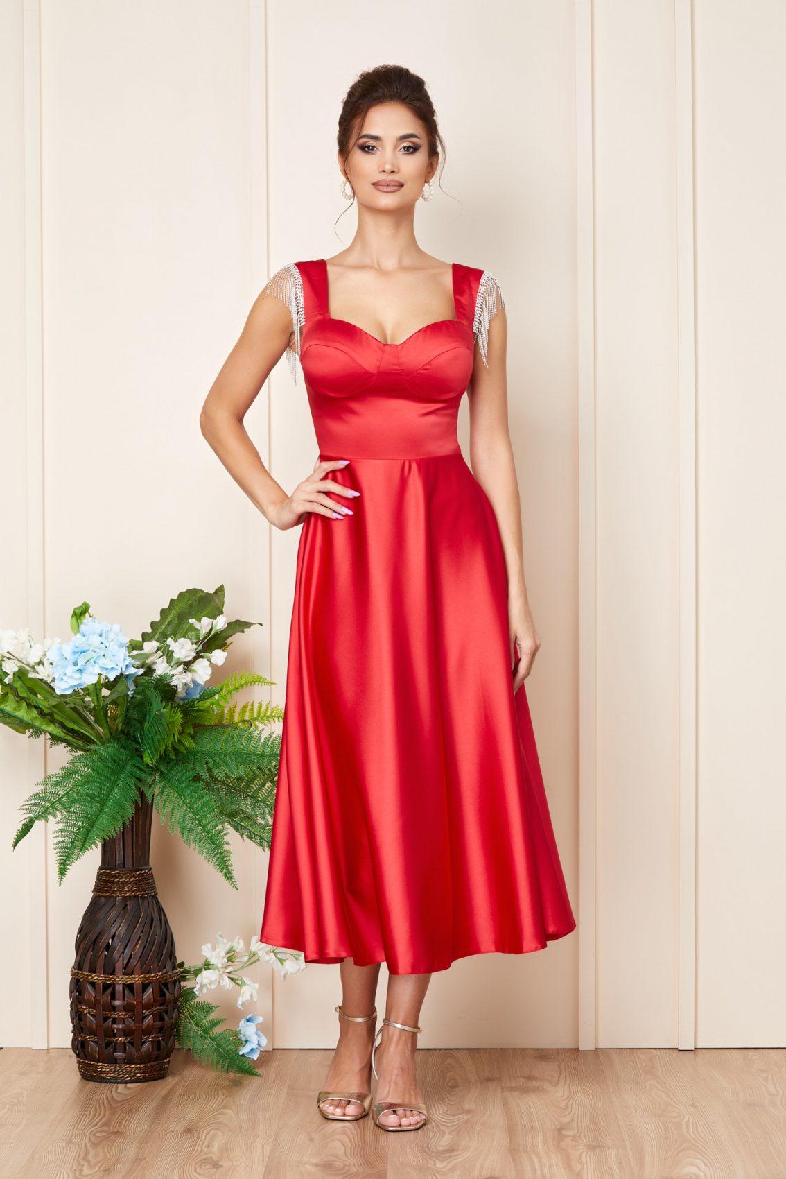 Κόκκινο Μίντι Σατέν Αμπιγιέ Φόρεμα Darla T3208 1