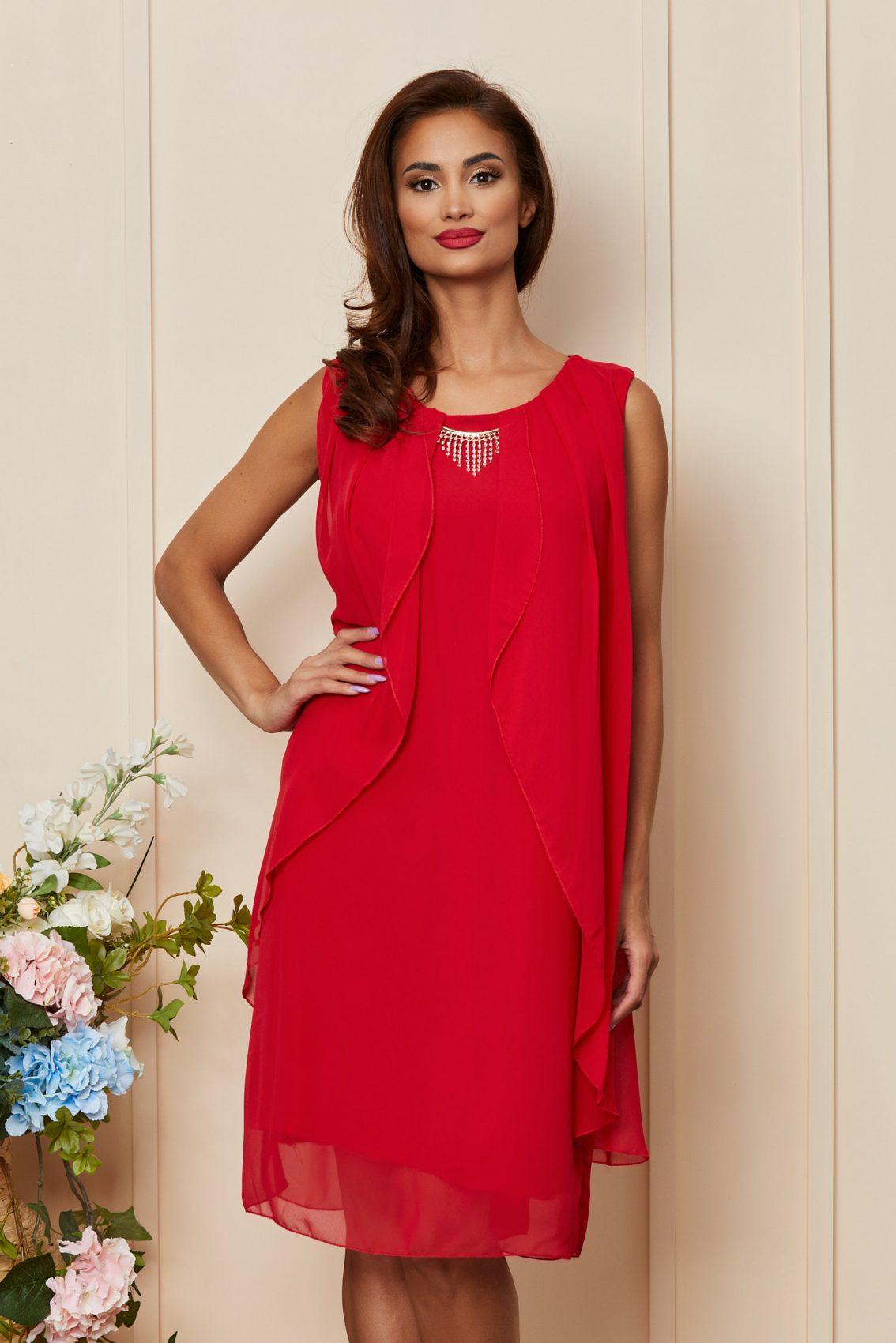 Κόκκινο Μίντι Βραδινό Αμάνικο Φόρεμα Ornella T3542 3