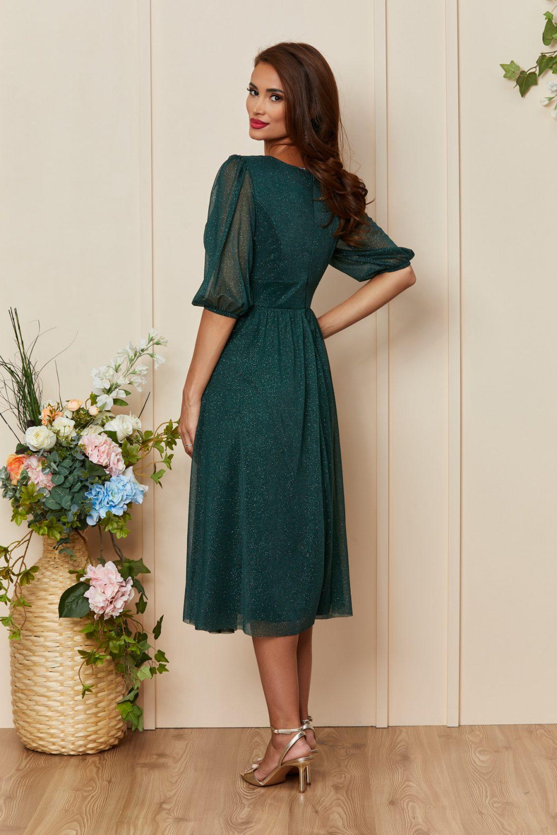 Πράσινο Μίντι Βραδινό Φόρεμα Με Γκλίτερ Nicolette T3361 2