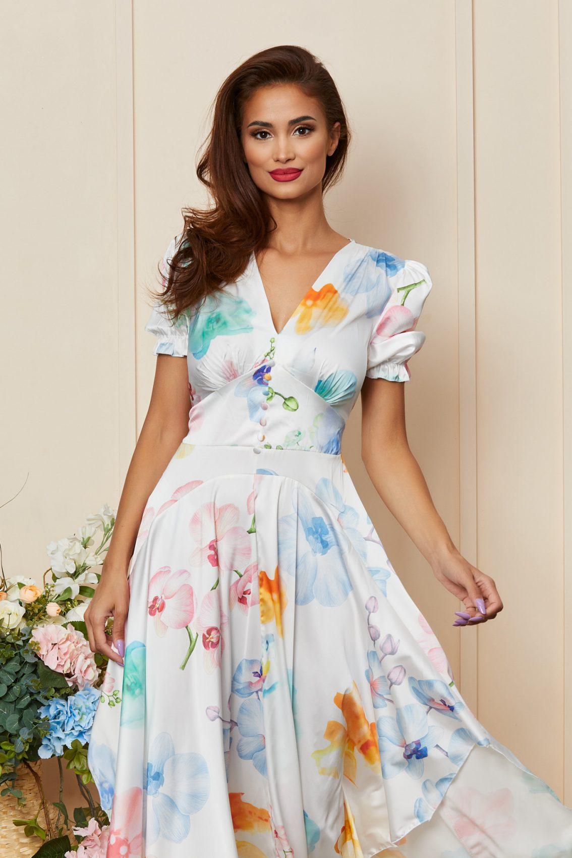 Λευκό Φλοράλ Σατέν Μίντι Βραδινό Φόρεμα Edith T3558 3