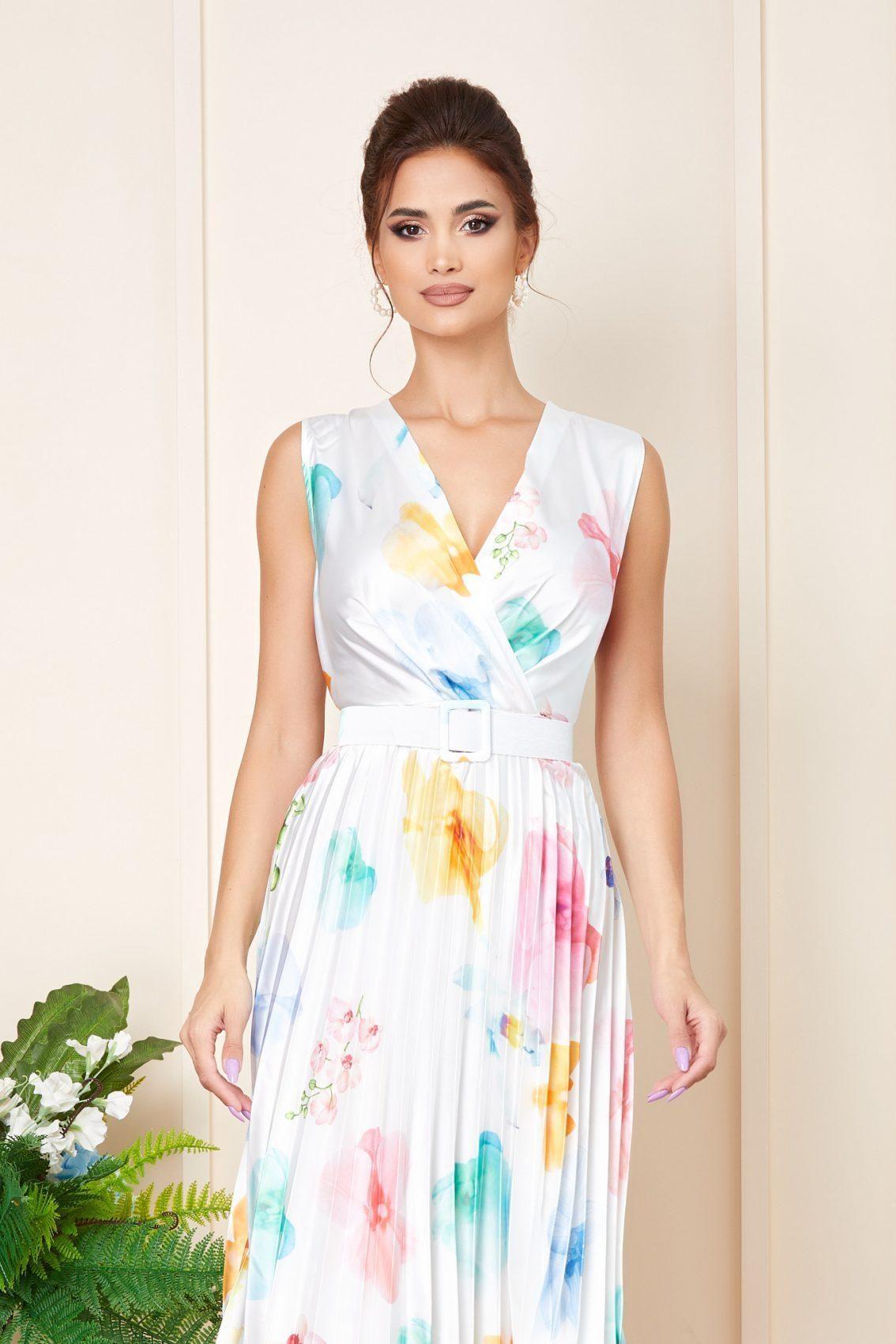 Λευκό Φλοράλ Βραδινό Μίντι Σατέν Αμάνικο Φόρεμα Simone T3188 2