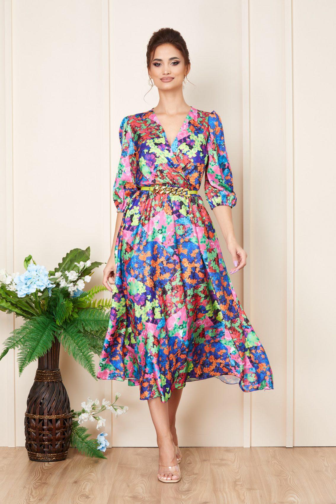 Πολύχρωμο Εμπριμέ Σατέν Μίντι Βραδινό Φόρεμα Yolanda T3205 1