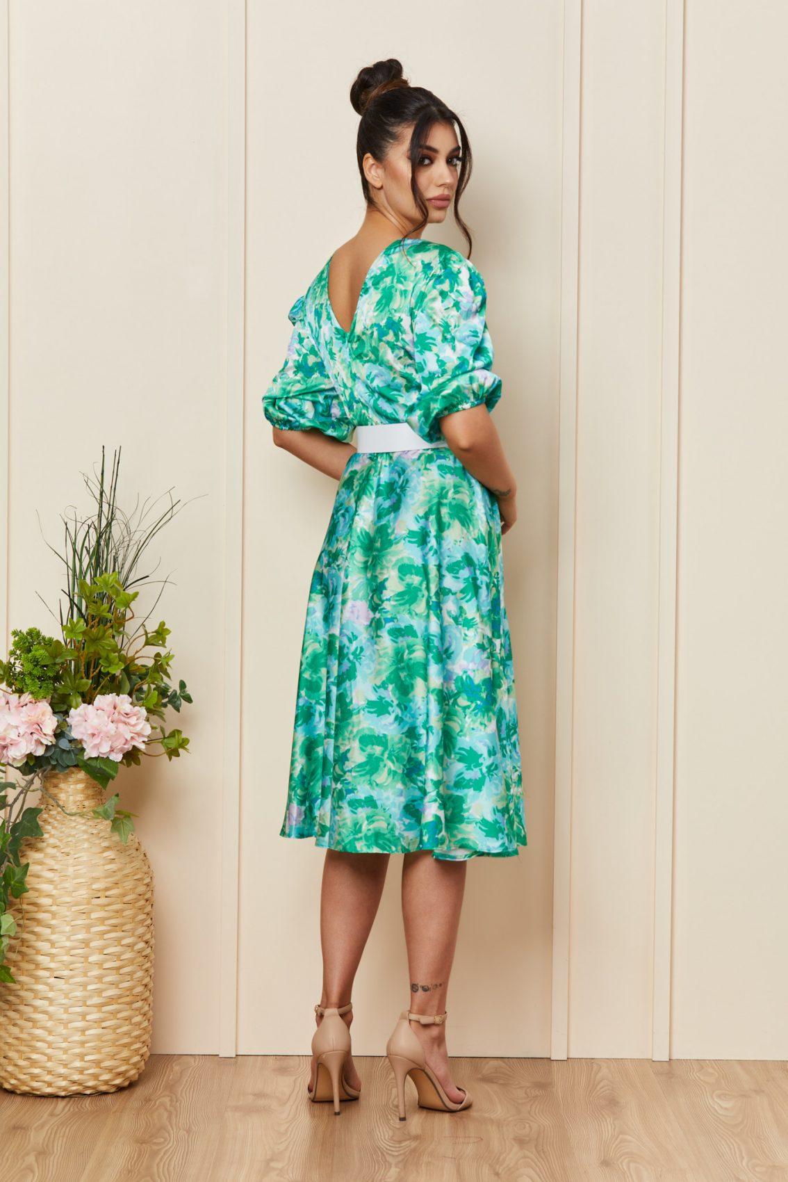 Πράσινο Εμπριμέ Μίντι Σατέν Φόρεμα Glenda T3379 2