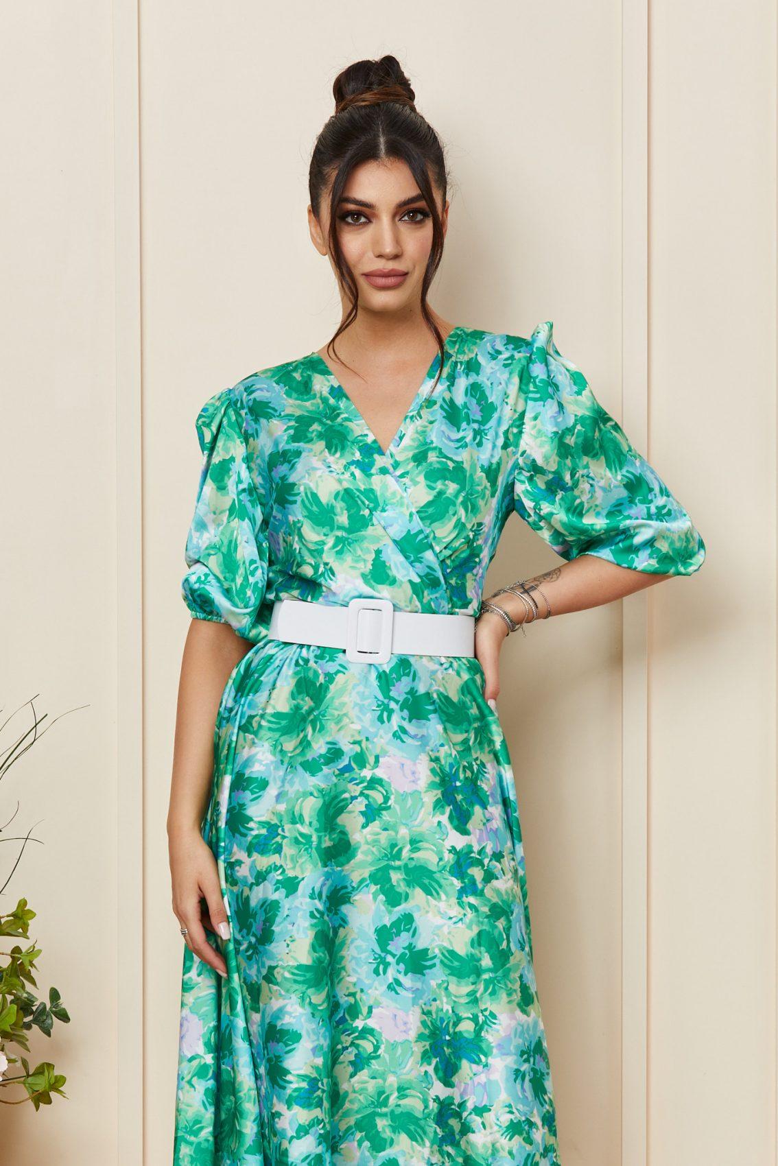 Πράσινο Εμπριμέ Μίντι Σατέν Φόρεμα Glenda T3379 3