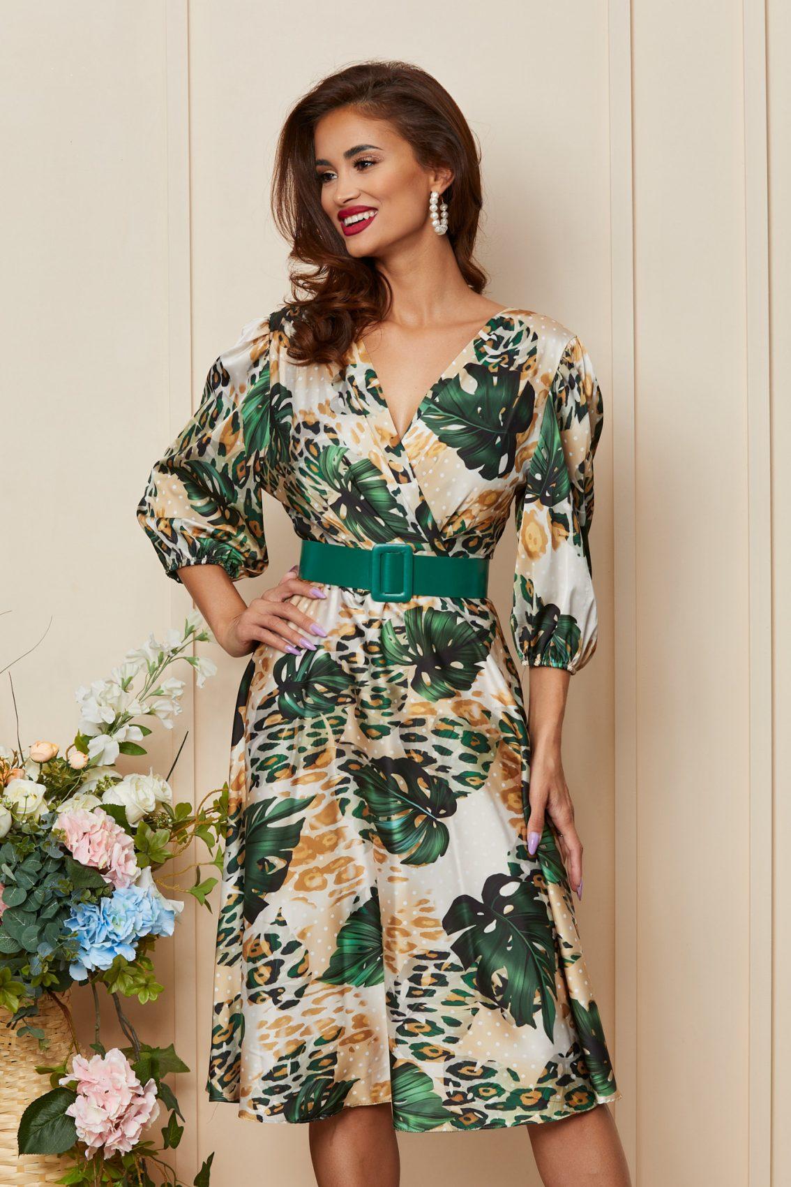 Πράσινο Εμπριμέ Μίντι Φόρεμα Με Ζώνη Glenda T3492 3